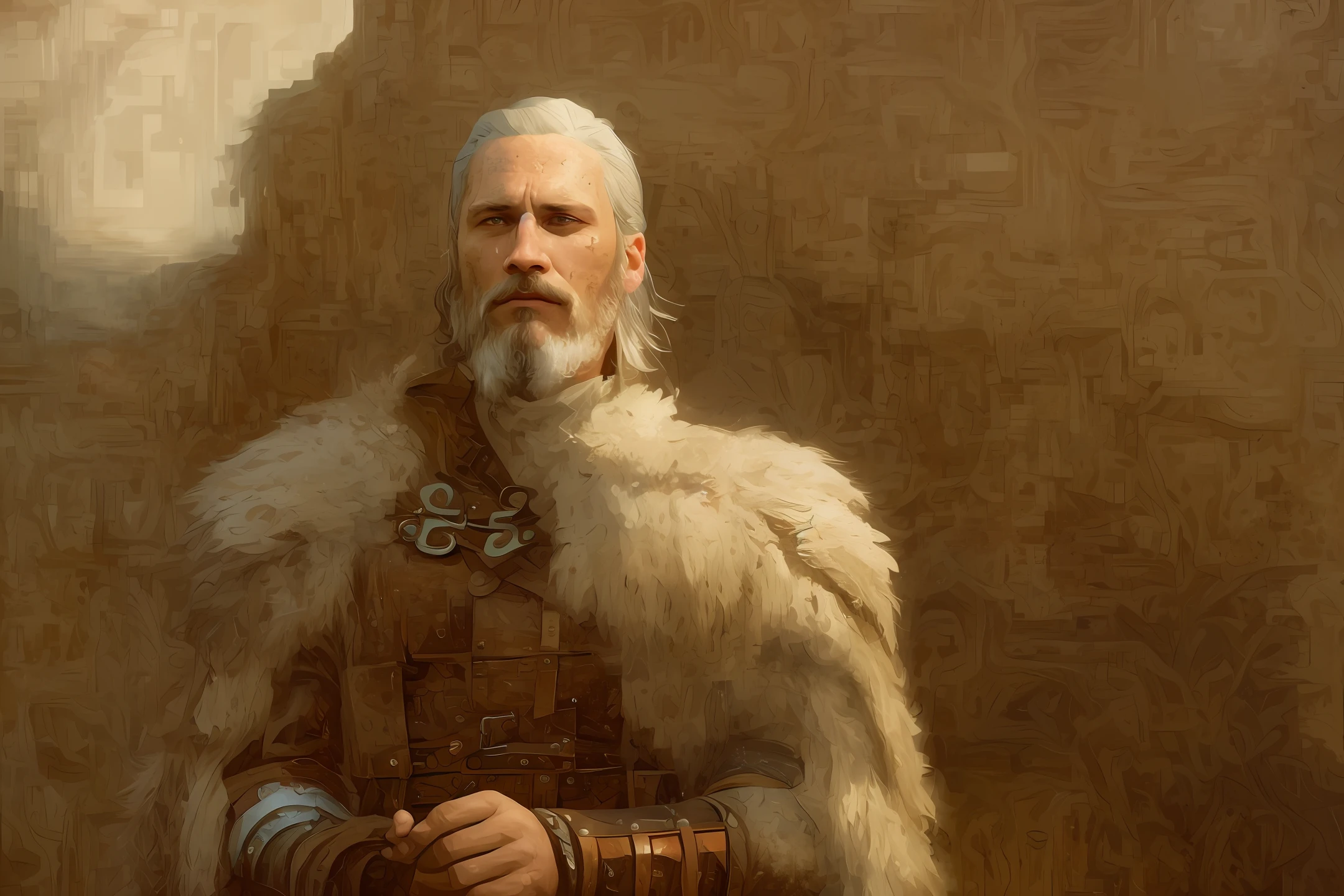 Portrait of actor Travis Fimmel as Geralt of Rivia with long white hair, at night, his face is illuminated by the full moon, he has a beard, he stands, model shooting style (extremely detailed CG unity 8k wallpaper), full frame photography of the most beautiful work of art in the world, medieval armor, professional majestic oil painting by Ed Blinky, Eti Geylan, Studio Ghibli, Jeremy My Manna, Greg Manchess, Antonio Moro, trending on ArtStation, trending on CGSociety, intricate, highly detailed, clear focus, dramatic, photorealistic painting by Midjourney and Greg Rutkowski