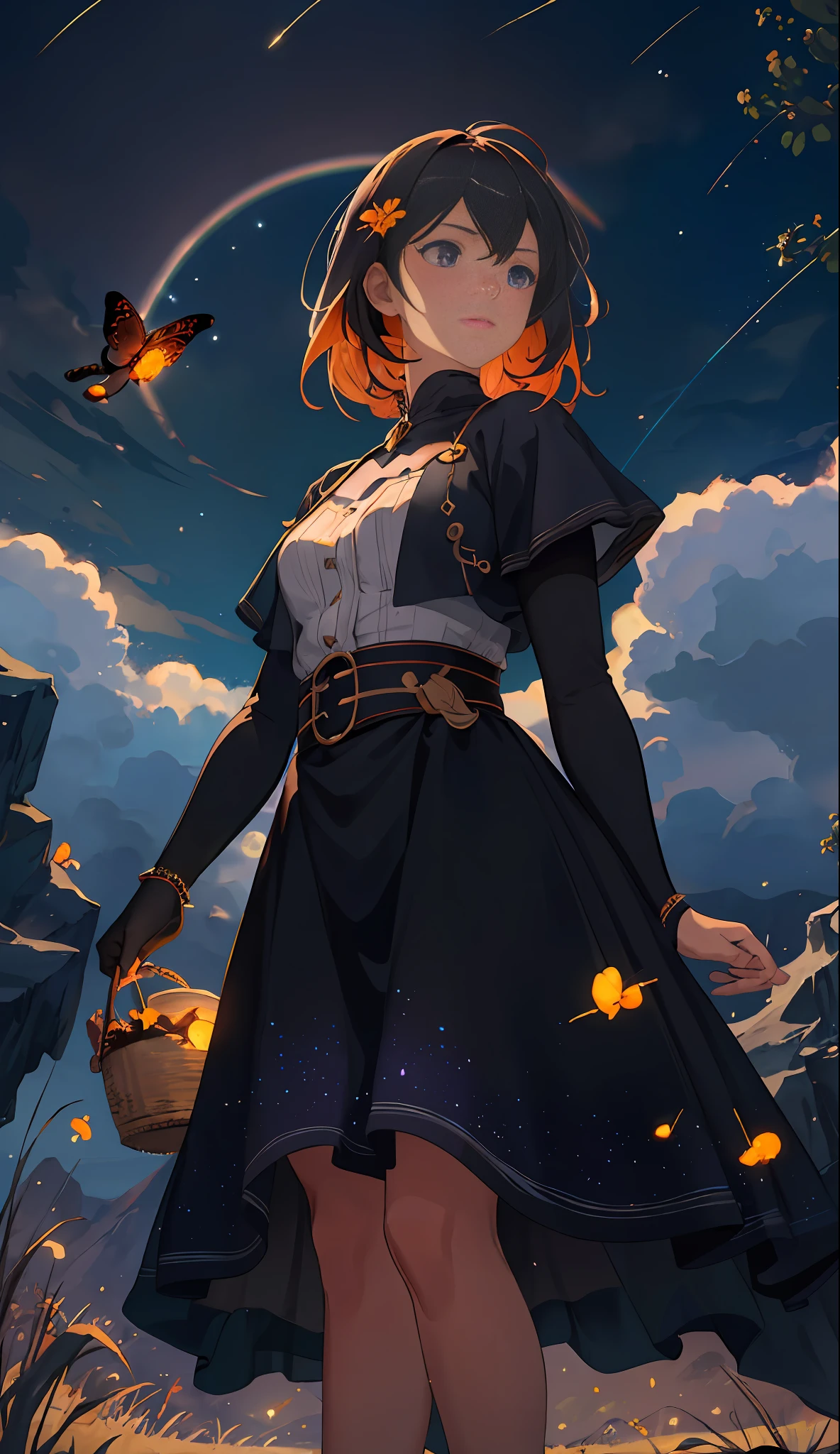 Vast landscape photo, (viewed from below, the sky is above and the open field is below), a girl standing on a flower field looking up, (full moon: 1.2), (meteor: 0.9), (nebula: 1.3), distant mountains , Trees BREAK Crafting Art, (Warm Light: 1.2), (Fireflies: 1.2), Lights, Lots of Purple and Orange, Intricate Details, Volumetric Lighting, Realism BREAK (Masterpiece: 1.2), (Best Quality), 4k, Ultra-Detailed, (Dynamic Composition: 1.4), Very Detailed, Colorful Details, (Rainbow Colors: 1.2), (Glow Lighting, Atmospheric Lighting), Dreamy, Magical, (Solo: 1.2)