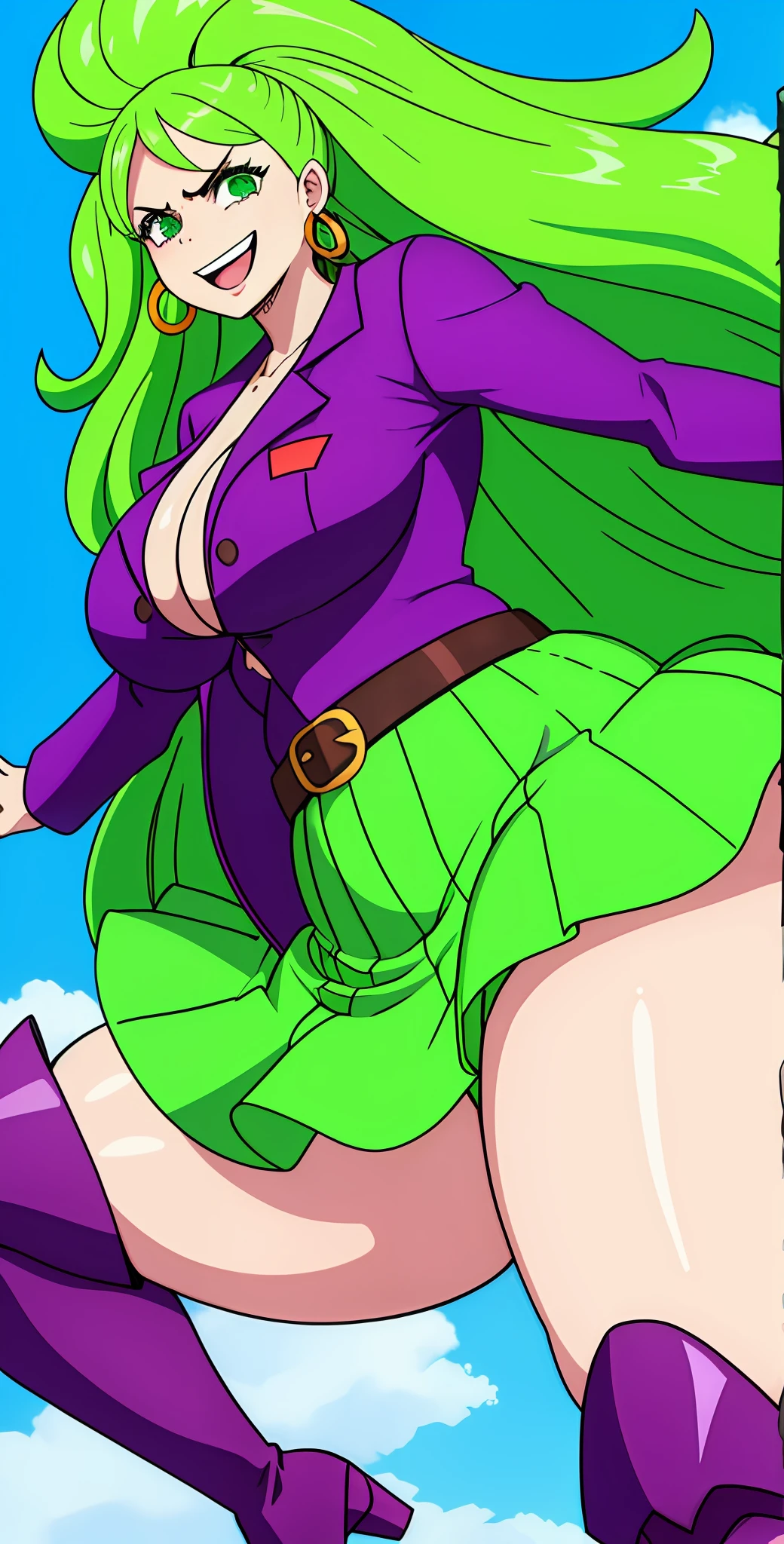 1 girl, super wide hips, super large butt, thicc, green skirt, white belt, purple boots, purple jacket, long green hair, green earrings, super large breasts, masterpiece, green eyes, dark green hair, highres, super large thighs, ass focus, thicc ass, super large hips, One Piece, angry smile, curvy