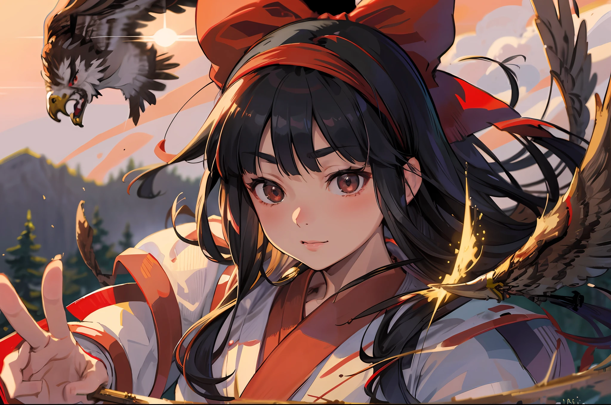masterpiece, best quality,1girl, red bow, bow, long hair, hair bow, ainu clothes, solo, hairband, bird, black hair, fingerless gloves, short sleeves, gloves, sash, pants, bangs, red hairband, weapon, breasts, brown eyes, white pants, japanese clothes, nakoruru, light smile, officials art, good composition, official pose, detailed portrait, portrait, bokeh, forest with river, sun behind back, pencil style, traditional brush, samurai, onmyoji style, high resolution, dramatic lighting and shadow, sun flared, blurry foreground, blood plashing around, looking at viewer,