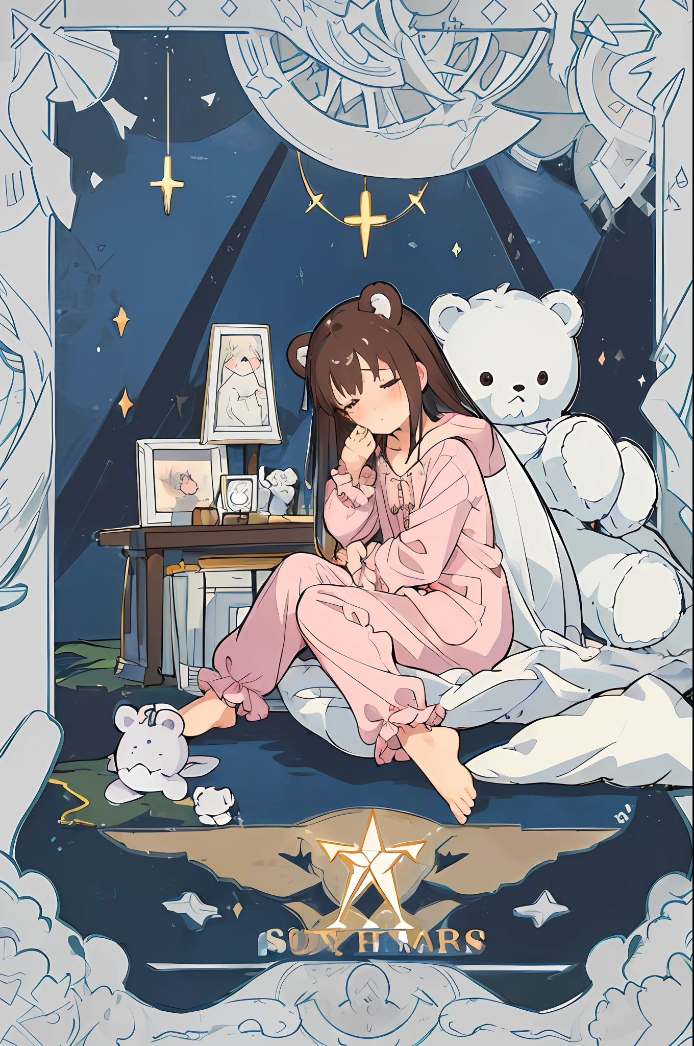 (NSFW:0.9),(little girl:1.4), solo, full body, sitting, dynamic angle, white hair, flat chest, frilled, 3yo, brown hair, long hair, night, starry sky, dark, sleepy, want to sleep, animal ears hood, holding teddy bear, covered breasts,shy, blush,A young girl in pajamas holding a large stuffed animal, with a shy expression on her face, in a bedroom setting, The composition should exude a blend of sensuality and innocence, The background should be visually captivating,