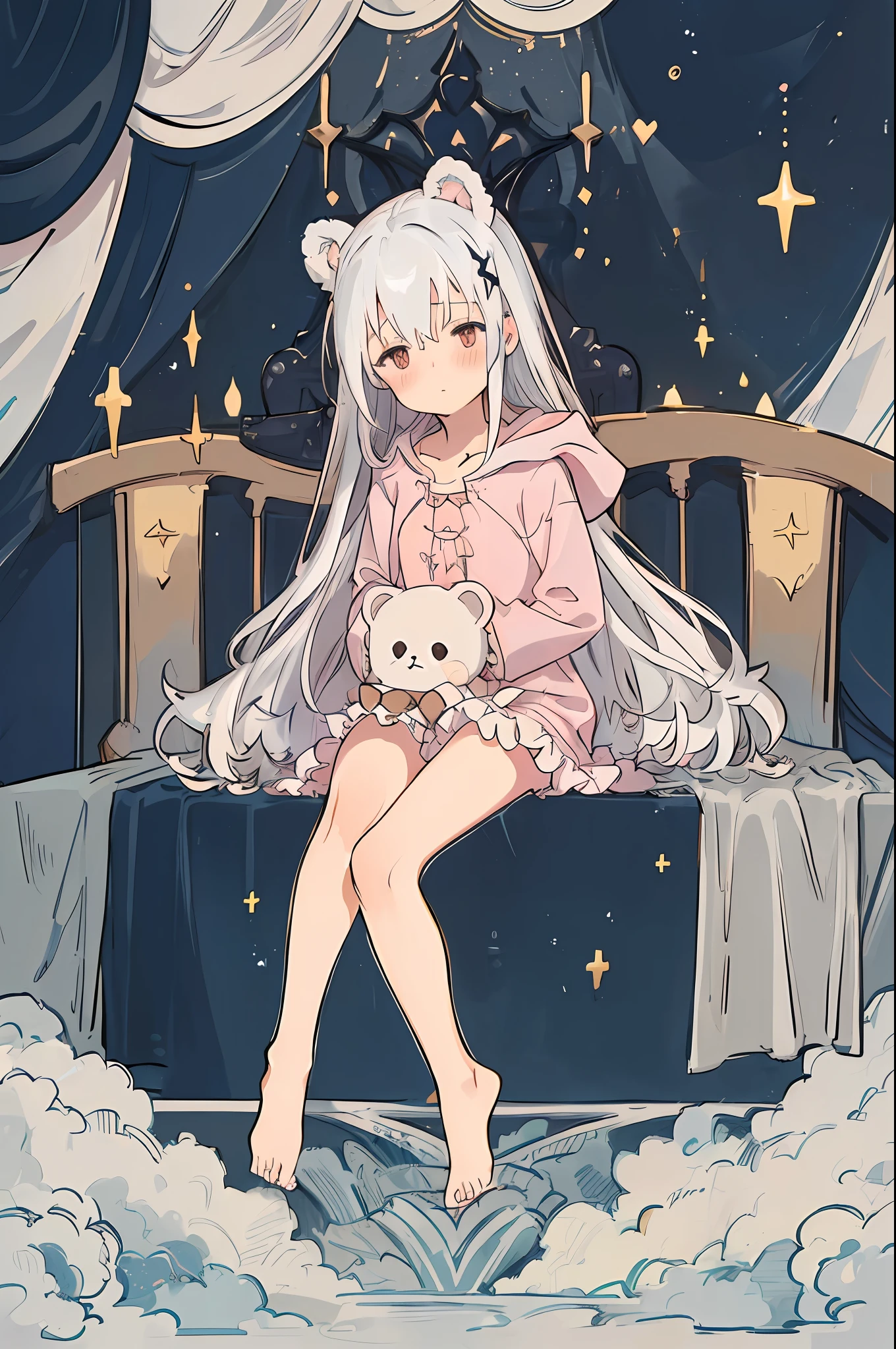 (NSFW:0.9),(:1.4), solo, full body, sitting, dynamic angle, white hair, flat chest, frilled, 3yo, brown hair, long hair, night, starry sky, dark, sleepy, want to sleep, animal ears hood, holding teddy bear, covered breasts,shy, blush,A young girl in pajamas holding a large stuffed animal, with a shy expression on her face, in a bedroom setting, The composition should exude a blend of sensuality and innocence, The background should be visually captivating,