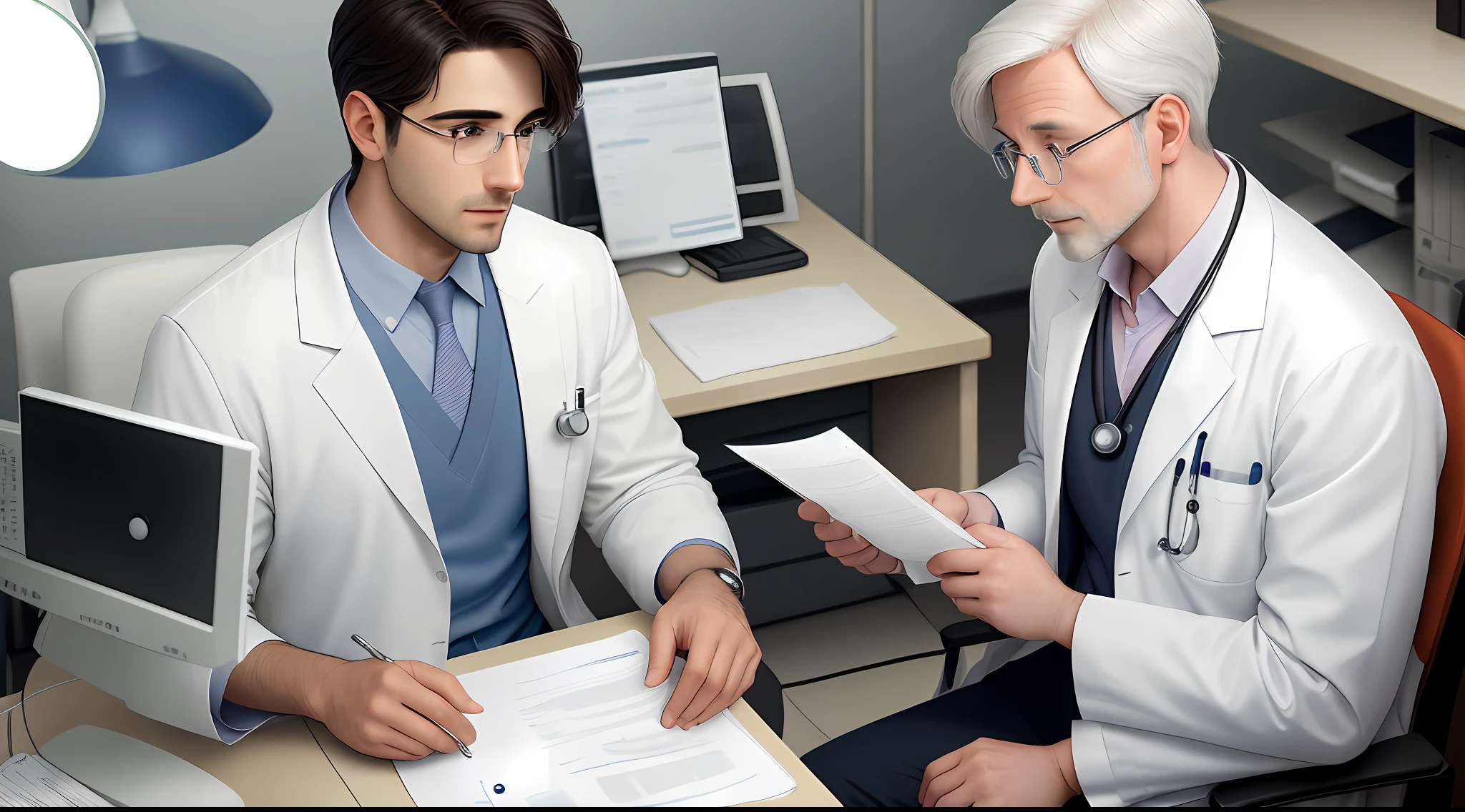 A single serious, confident doctor in a white lab coat is sitting behind a desk in his doctor's office, holding a medical record in his hand, while talking to a concerned patient. The patient is sitting in a chair facing the doctor. The doctor is giving a diagnosis of cancer, speaking clearly and gently, but with an air of concern.
