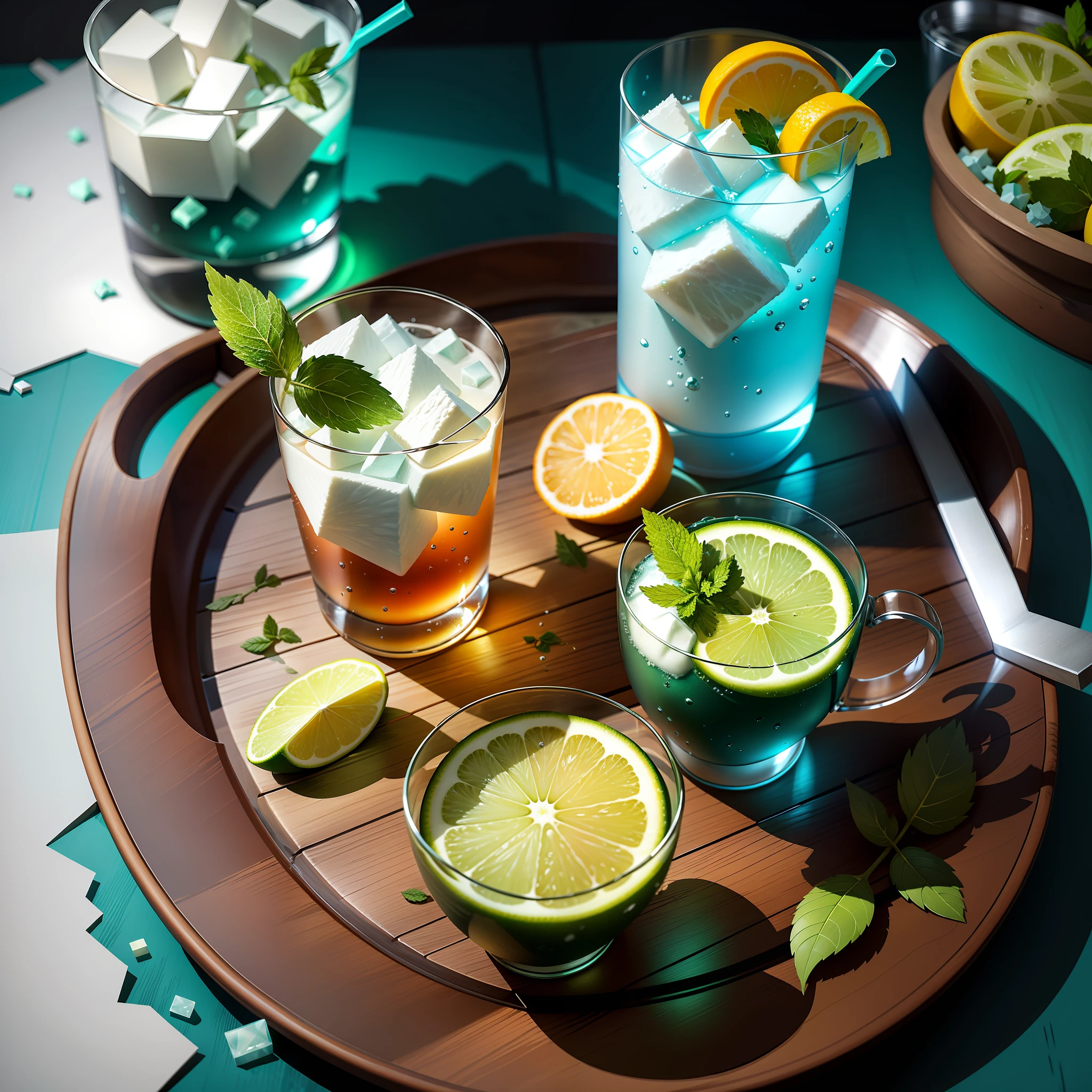 A glass of soda, frozen, frozen effect, on a wooden tray with pieces of muskmellon, with mint leaves, cut small turquoise greens, with ice cubes, a few scattered ice cubes on a wooden board, super realistic Food pictures, full theme shown in photos,, Randy Post, hyper realistic &quot;, hyper realistic&quot;, high res photo