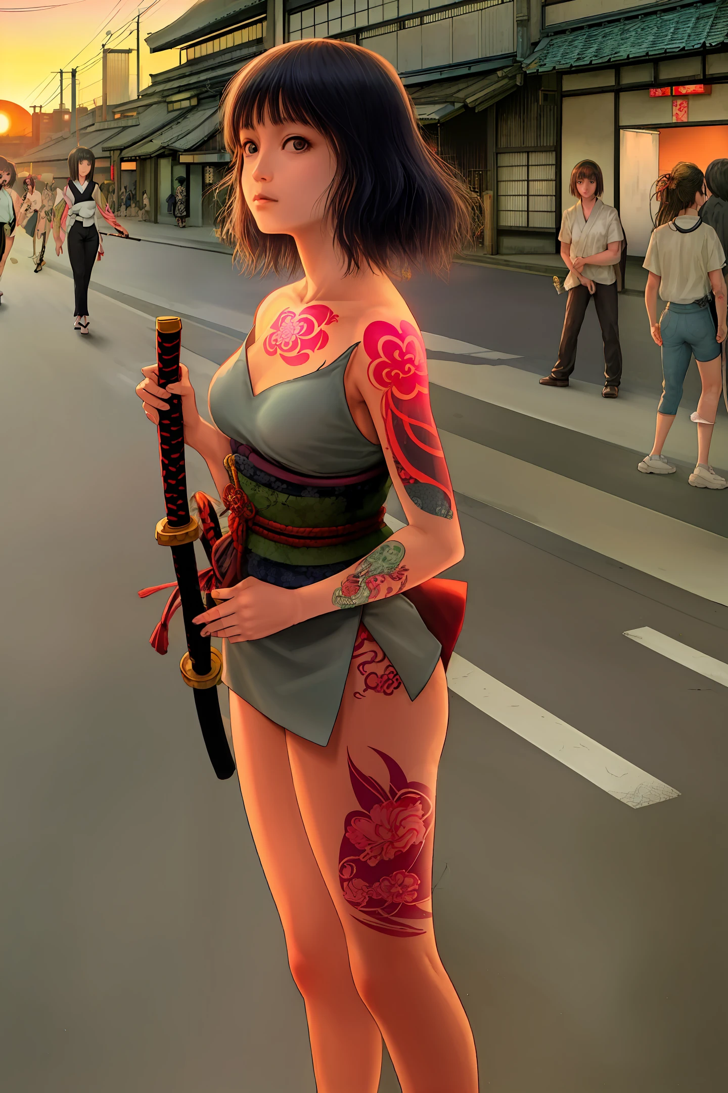 japan 80s, girl with tattoos, holding katana, busy city streets, bright sunset