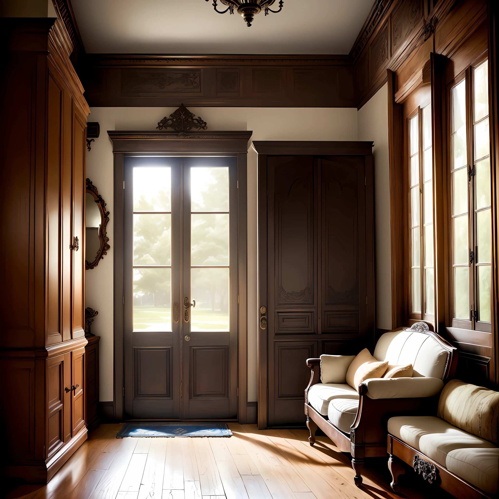 A mysterious living room with antique furniture and a somber atmosphere. The camera focuses on a solid wooden door, closed with an antique padlock