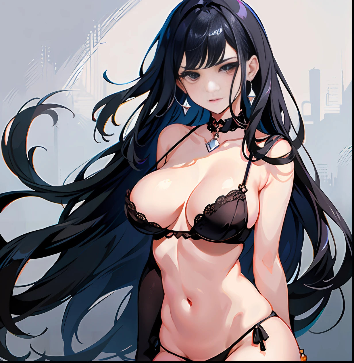 Black hair bob, (RAW photo, realism: 1.8), (very dark lip gloss, dark lipstick, very many eyelashes, dark black eye shadow, watery eyes, about to cry, very angry, red eyes, High quality, high resolution, depth of field, chromatic aberration, caustics, wide light, natural colors, Japanese, age girls) Staring at the viewer, angry, very soft big breasts, necklaces, chokers, bracelets , earrings, various accessories, a nice woman, black luxury silk see-through bra, the bra is so small that the areola protrudes, the areola is large, the big breasts that are about to spill out of the bra, the bra is about to burst, the bra is transparent, the shape of the tip of the breast is clearly visible, there are many moles on the chest, the whole body, beautiful legs, the crotch is not hidden, the shape of the pubic area is clearly visible, the pubic hair is protruding, there is a lot of pubic hair, the exposure is Many, beautiful skin, glossy skin, very sexy body line, bare legs, garter ring, fishnet tights