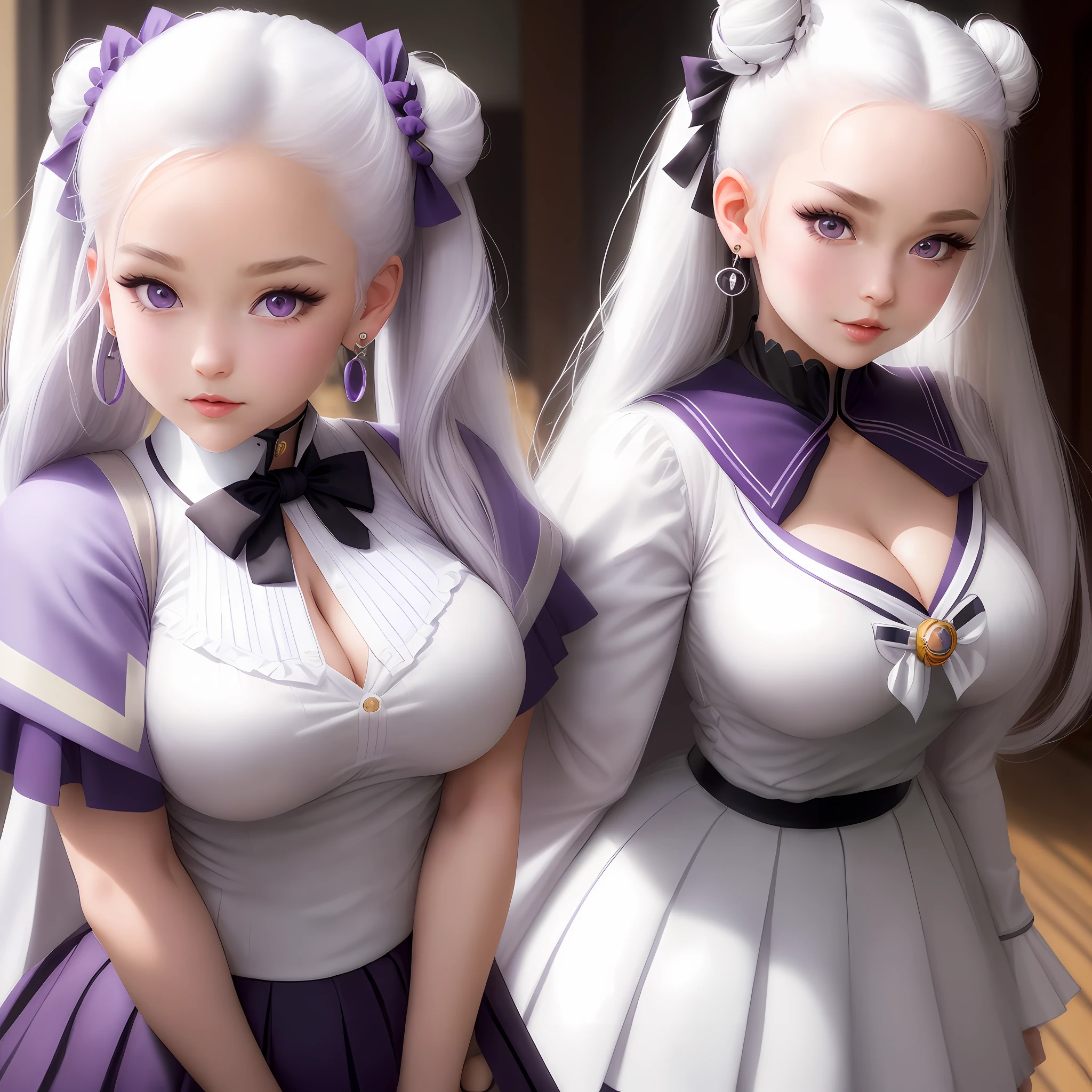 ((from the front, upper body, leaning forward,)) Big breasts: 1.6, masterpiece, superlative, (fine details: 1.2), (scenery: 1.11), solo, facial focus, close-up, super resolution, correct anatomy, fine skin, beauty, maiden 1, cleavage, sailor universe, standing, long hair, skirt, hair accessories, double ponytail, jewelry, purple pupils, white hair, pleated skirt, earrings, choker, sailor collar, bun, cape, double buns, face markings, white skirt, brooch, White sailor collar, hairpins, forehead markings, white collar, sailor warrior uniform,