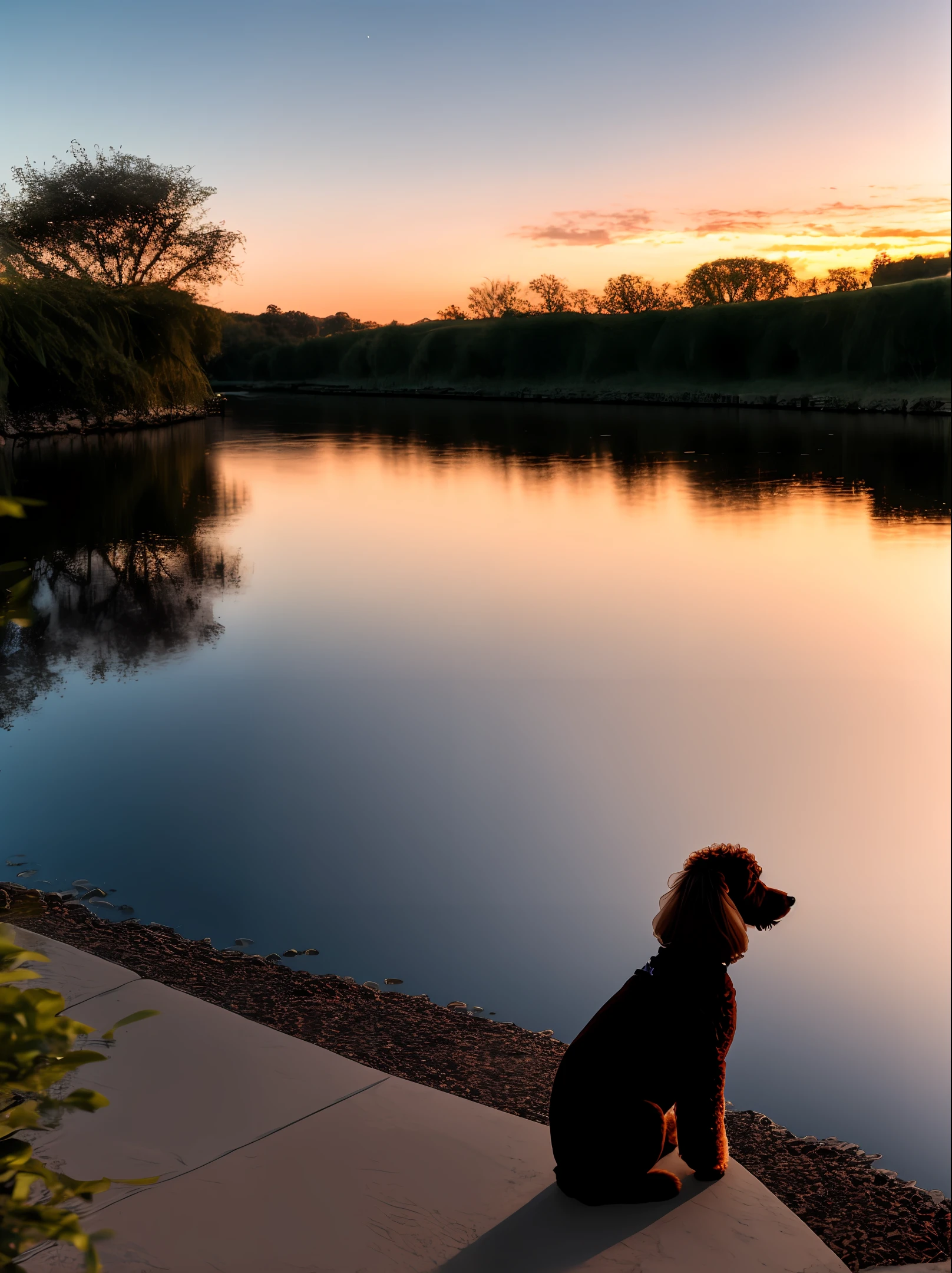 1 little poodle sitting and looking at the river, glowing light, reflection light, masterpiece, high details, 8k, surrealism