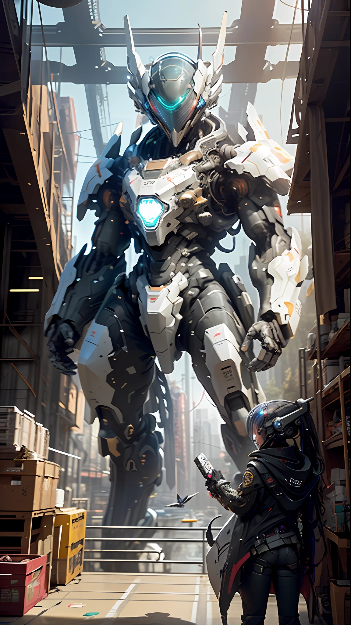 ((Best quality)), ((masterpiece)), (highly detailed:1.3), 3D, pretty, (cyberpunk:1.2), in space, nebula, holding_weapon, (1Female mecha: 1.3), facing the audience, glowing eyes, full body, (flying, diving down, dynamic, Motion Blur: 1.4), (Bird-like Wings: 1.6) (Giant Mech Wings: 1.6), Look Up, glowing_eyes, Mecha, Panorama, Earth, Nebula, Space, Particle, Reality, HDR (High Dynamic Range), Ray Tracing, NVIDIA RTX, Super Resolution, Unreal 5, Subsurface Scattering, PBR Texture, Post Processing, Anisotropic Filtering, Depth of Field, Maximum Sharpness and Clarity, Multi-Layer Texture, Albedo, and Specular Mapping, Surface shading, Accurately Simulating Light-Material Interactions, Perfect Proportions, Octane Render, Duotone Lighting, Large Aperture, Low ISO, White Balance, Rule of Thirds, 8K RAW, High Efficiency Sub-Pixel, Subpixel Convolution,