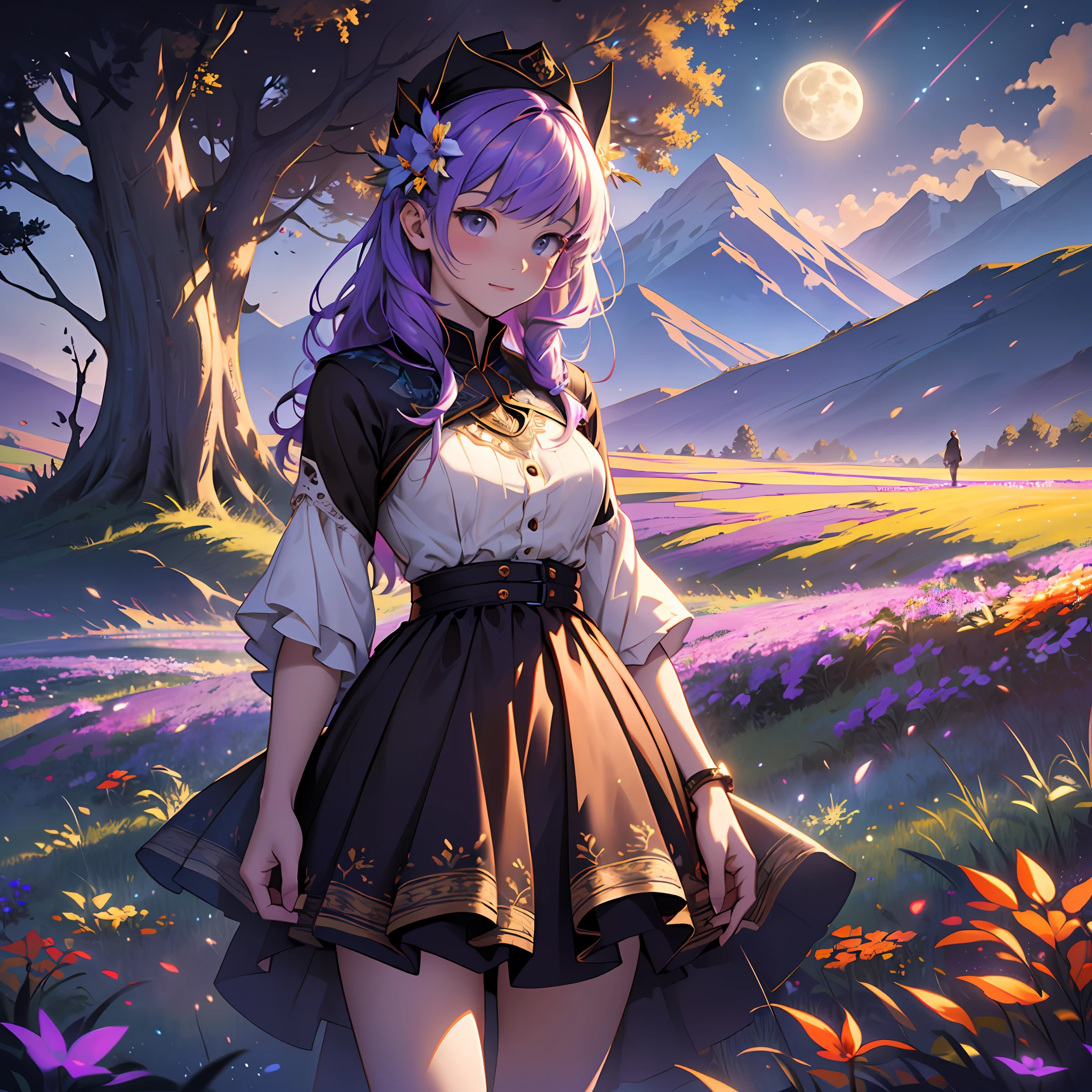 A wide landscape photo, (viewed from below, the sky is above, and the open field is below), a girl standing on a flower field looking up, (full moon: 1.2), (meteor: 0.9), (nebula: 1.3), distant mountains , Trees BREAK Crafting Art, (Warm Light: 1.2), (Firefly: 1.2), Lights, Lots of Purple and Orange, Intricate Details, Volumetric Lighting BREAK (Masterpiece: 1.2), (Best Quality), 4k, Ultra Detailed, (Dynamic Composition: 1.4), Rich in Detail and Color, (Rainbow Color: 1.2), (Glow, Atmospheric Lighting), Dreamy, Magical, (Solo: 1.2)