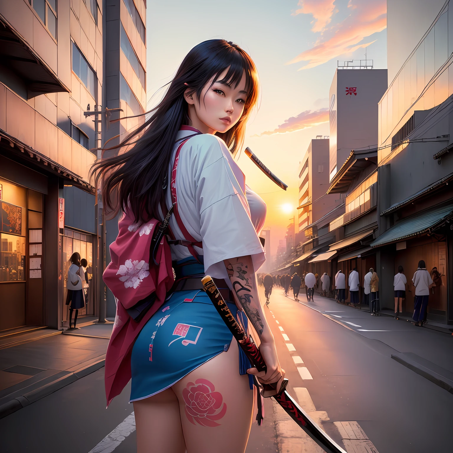 japan 1980s, girl with tattoos, holding katana, busy city streets, bright sunset, hyper realistic, 8k, HD, upscale, high details