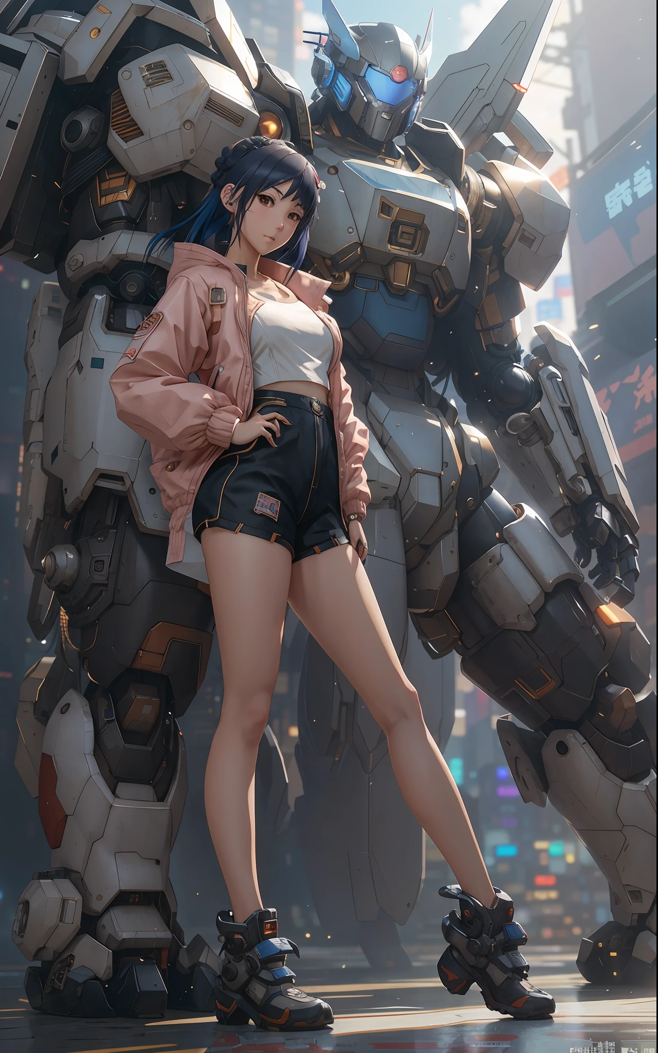 anime girl in short shorts and jacket standing next to giant robot, artwork in the style of guweiz, cyberpunk anime girl mech, trending on cgstation, guweiz, by Russell Dongjun Lu, digital cyberpunk anime art, ross tran 8 k, guweiz on artstation pixiv, girl in mecha cyber armor