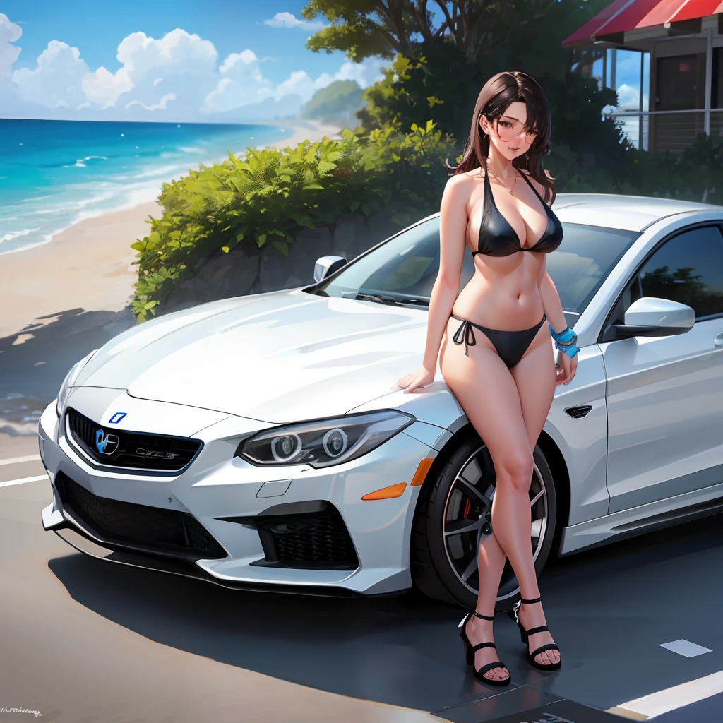 Close to beach house with attractive woman in the background and sports car