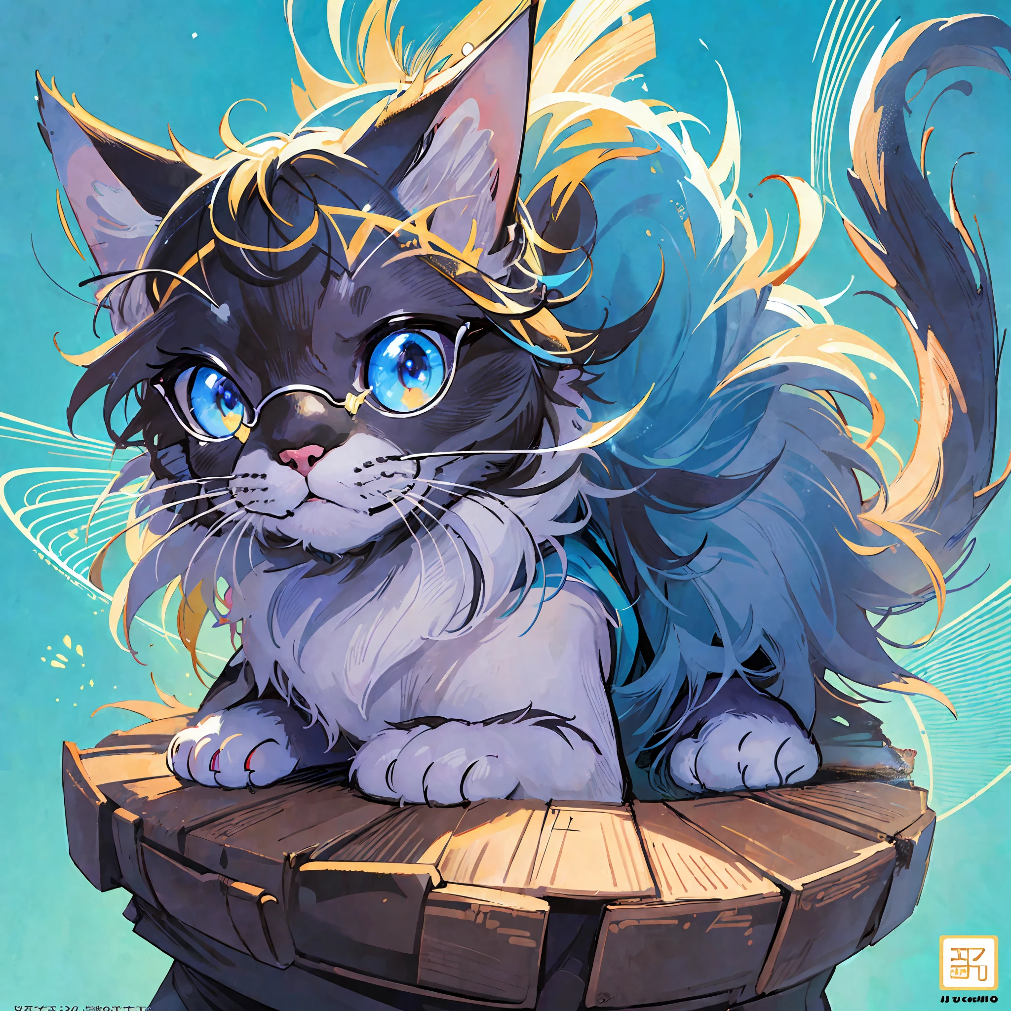 (masterpiece:1.21), (best quality:1.331), ((ultra-detailed)), ((extremely best illustration)), ((amazing)), (hyper quality),（1cat）, Maine, anime cat, cat in sunglasses, （blue background）, cute detailed digital art, realistic anime cat, cat. Digital painting, digital painting highly detailed, anime visual of cute cat, detailed digital anime art, digital illustration style, highly detailed vector art, highly detailed digital painting, digital art on pixiv, cat detailed，杰作，最好的质量，