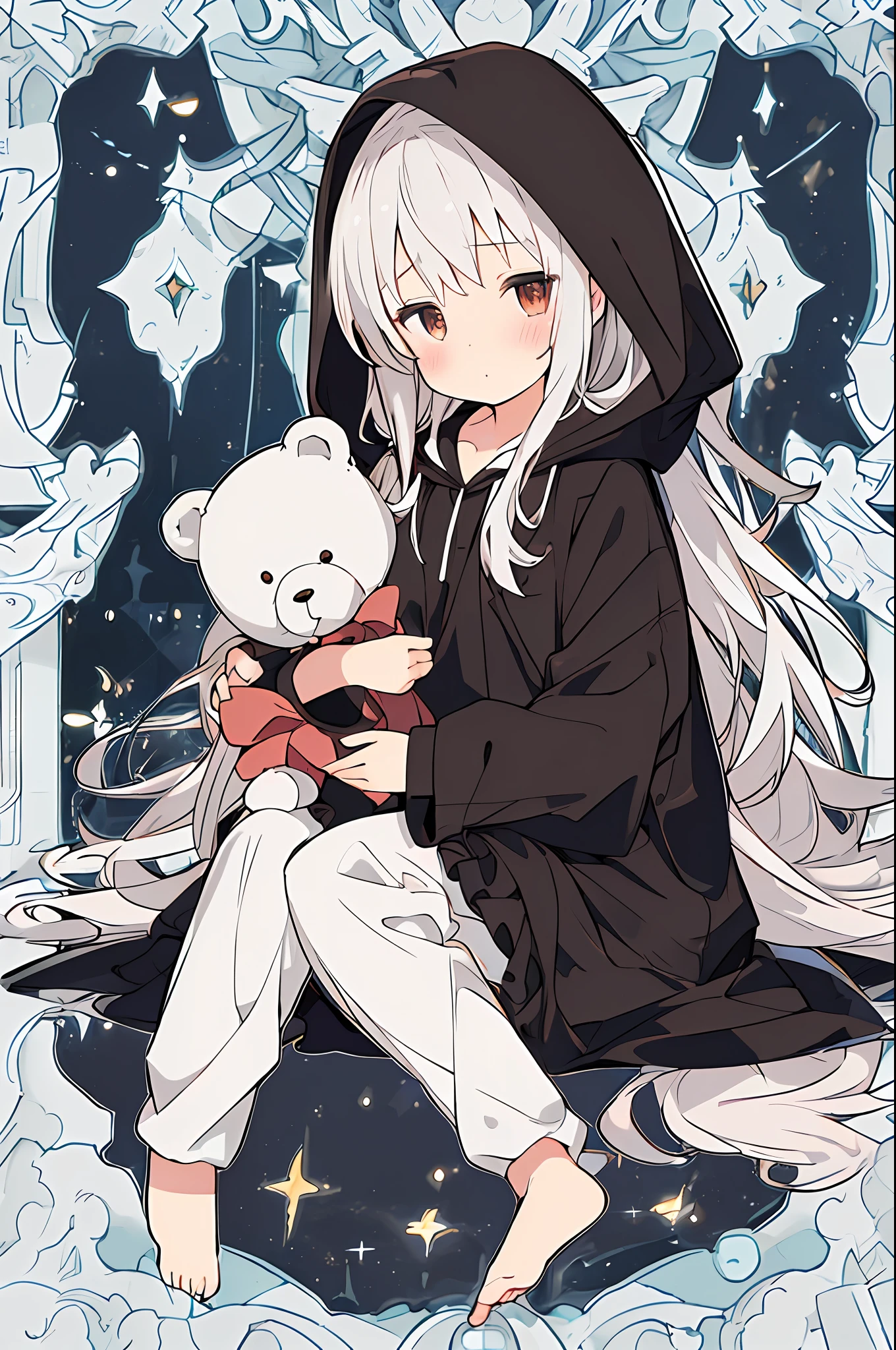 (NSFW:0.9),(:1.4), solo, full body, sitting, dynamic angle, white hair, flat chest, frilled, 3yo, brown r, long hair, night, starry sky, dark, sleepy, want to sleep, animal ears hood, holding teddy bear, covered breasts,shy, blush,A young girl in pajamas holding a large stuffed animal, with a shy expression on her face, in a bedroom setting, The composition should exude a blend of sensuality and innocence, The background should be visually captivating,