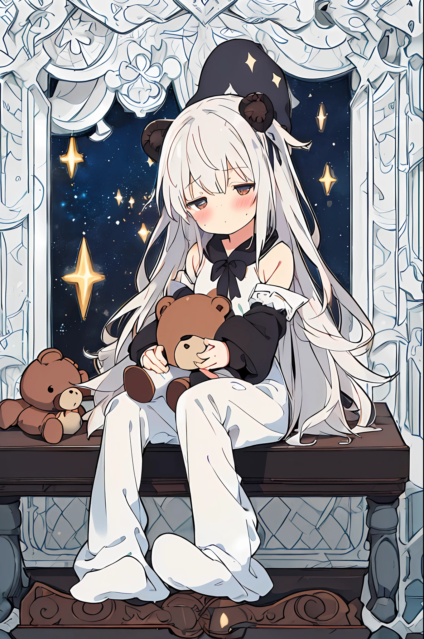 (NSFW:0.9),(little girl:1.4), solo, full body, sitting, dynamic angle, white hair, flat chest, frilled, 3yo, brown hair, long hair, night, starry sky, dark, sleepy, want to sleep, animal ears hood, holding teddy bear, covered breasts,shy, blush,A young girl in pajamas holding a large stuffed animal, with a shy expression on her face, in a bedroom setting, The composition should exude a blend of sensuality and innocence, The background should be visually captivating,