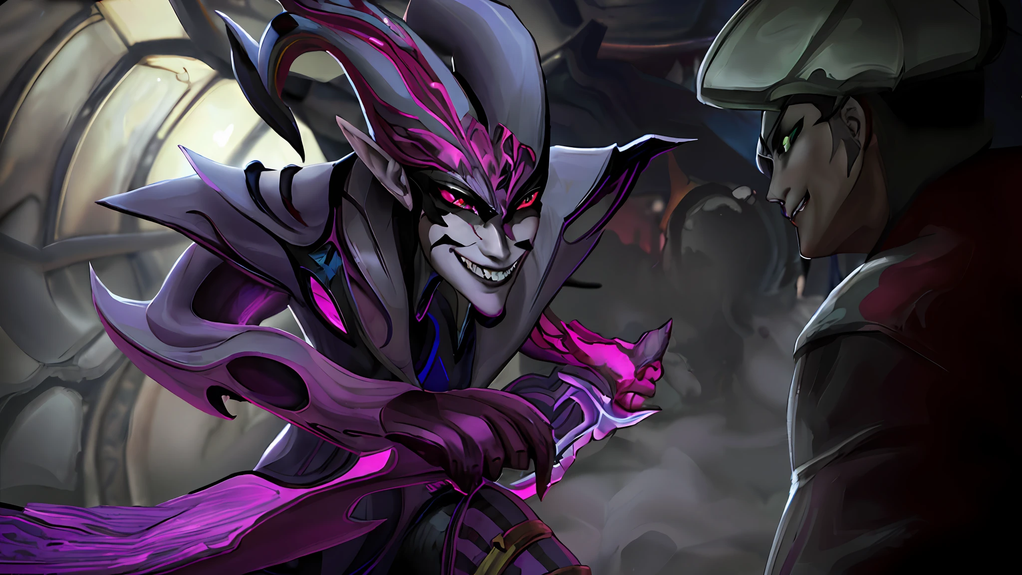Anime character with a purple and black outfit and a hat, Shaco from League of Legends, nefarious smile, former lover of Widowmaker, evil villain smile, fuchsia skin under armor, giddy smile, character splash art, iconic character splash art, smug smile, League of Legends style art, art depicting control freak, background art all in 8bit