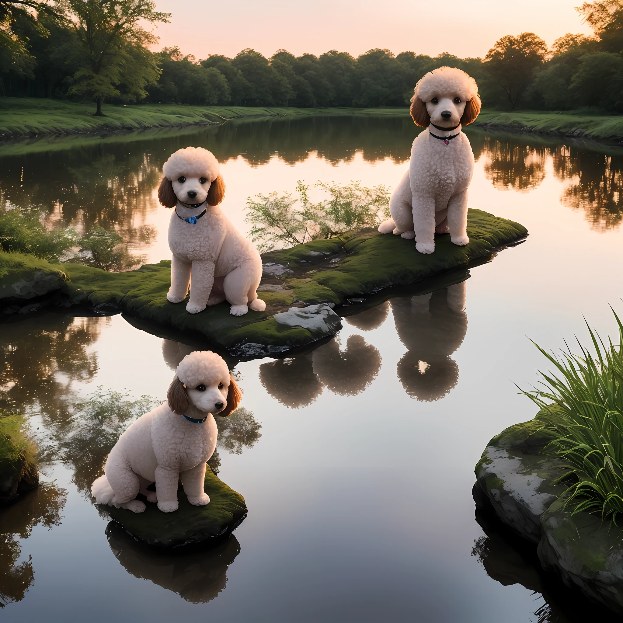 Little poodle sitting and looking at the river, glowing light, reflection light, masterpiece, high details, 8k