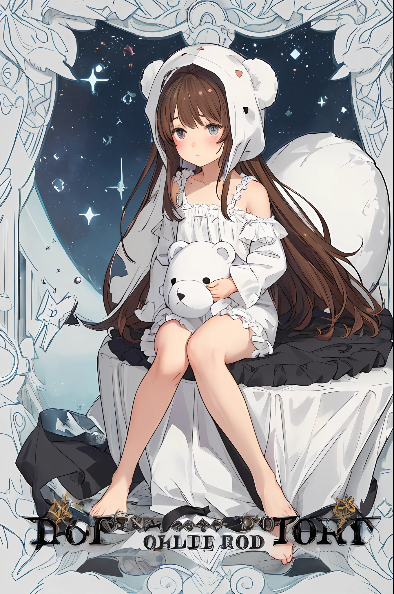 (NSFW:0.9),(:1.4), solo, full body, sitting, dynamic angle, white hair, flat chest, frilled, 3yo, brown hair, long hair, night, starry sky, dark, sleepy, want to sleep, animal ears hood, holding teddy bear, covered breasts,shy, blush,A young girl in pajamas holding a large stuffed animal, with a shy expression on her face, in a bedroom setting, The composition should exude a blend of sensuality and innocence, The background should be visually captivating,