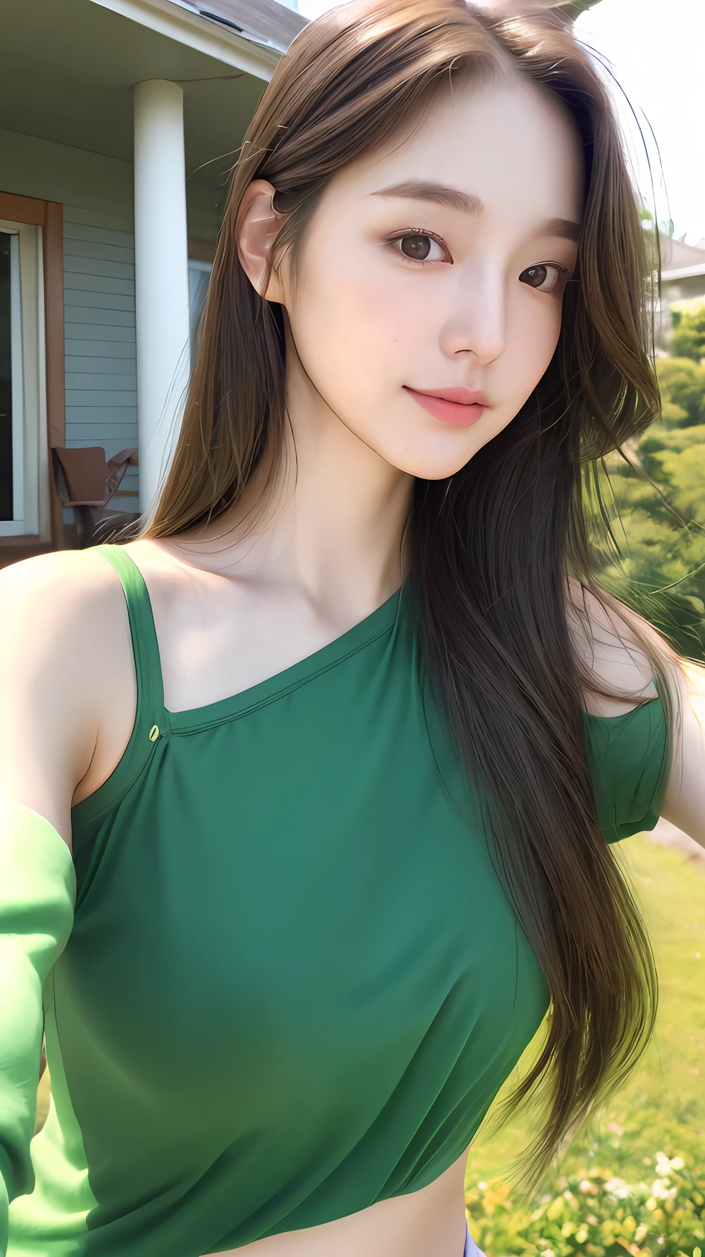 realistic photos of (1 cute Korean star) Shoulder-length hair, thin makeup, medium breasts size, green shirt, selfie, at in fron of the house, clear facial features of Canon EOS, 8K high resolution, sharp and realistic details.