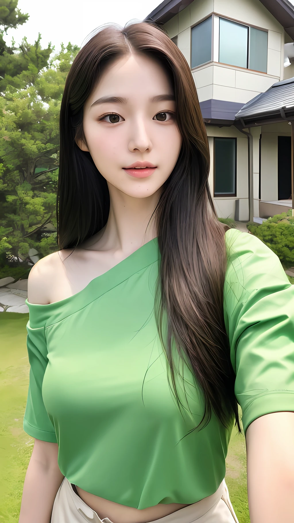realistic photos of (1 cute Korean star) Shoulder-length hair, thin makeup, medium breasts size, green shirt, selfie, at in fron of the house, clear facial features of Canon EOS, 8K high resolution, sharp and realistic details.