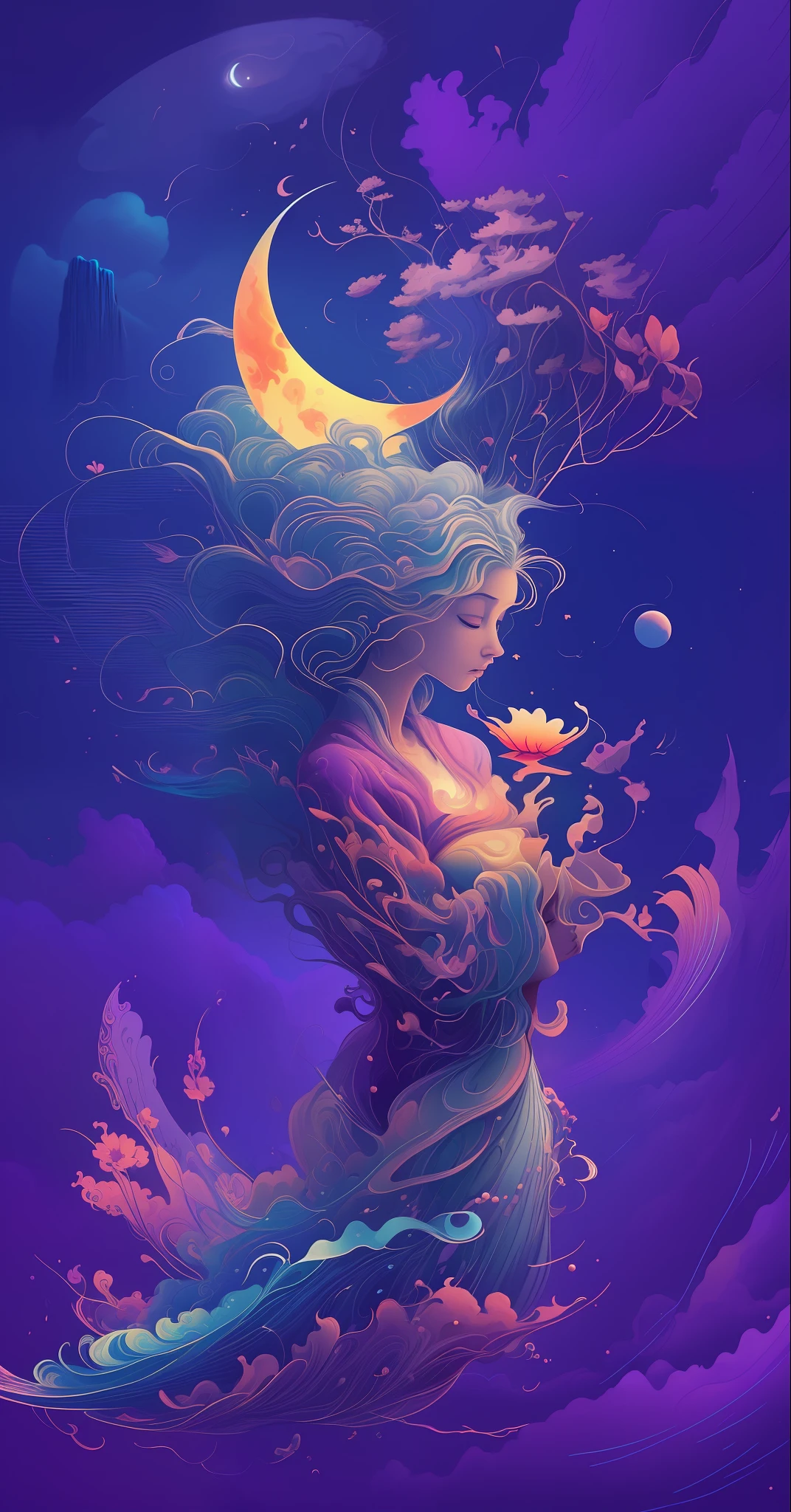 A painting of a plum blossom with the moon in the background, inspired by George Lacom, James A. R. Izzy, Night Moonlight, Moonlight Night, Plum Blossoms and the Moon, inspired by Marin, Calm Night. Digital illustration, moonlight, inspired by Ji Sheng, autumn night, inspired by Shen Shichong, luminous style painting, moonlight, blurry and dreamy illustration, calm night. Digital illustration, blurry and dreamlike illustration, Amédée Ozenfant, fantastic illustration, in astral plane , color plane surreal and ethereal, in cosmic realm, in surreal dreamscape, light and shadow, waves, multi-layered, foreground, vista, fractal thunder Dan Mumford, Dan Mumford and Alex gray style, psychedelic surrealist art, surrealist psychedelic design, dream art style, optical illusion psychedelic art, infinite psychedelic waves, inspired by Cyril Rolando ( Cyril Rolando), authentic ripple structure, psychedelic art style, psychedelic art, psychedelic illustration - V6