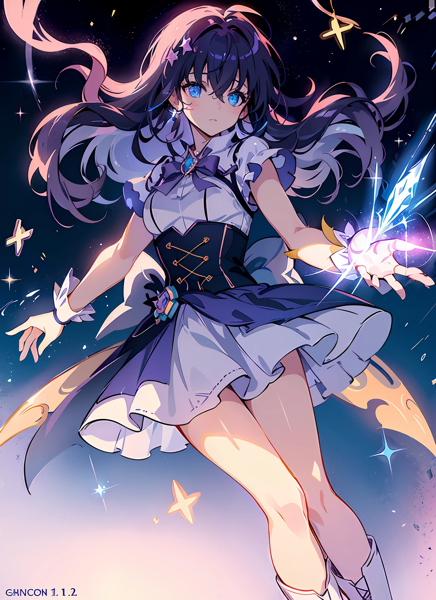 ((Magical Girl)), ((Gorgeous Starry Sky Background)), ((Super Definition)), ((Best Illustration)), ((Cinematic Lighting)), Dynamic Angle, Floating, Detail, (Glitter: 1.2), (Shine: 1.2), (Shine: 1.2), Classic, (Paint: 1.1), (Sketch: 1.1), (Best Quality), (Masterpiece: 1.2), (Anime Style), (Solo), Beautiful Detail Face, (Cute Face: 1.3), (Big Eyes: 1.3), Colorful Hair, (Long Hair: 1.2), (Floating Hair: 1.2), (Magical Girl Costume), Detailed Costumes, (Glowing Wand: 1.3), (Magic Effects: 1.3), (Flowing Skirt: 1.2), (Cute Boots: 1.1), (Transparent Fabric: 1.1), (Glitter: 1.2), (Glow: 1.2), (Shine: 1.2), ( Flicker:1.2) , (Dazzle:1.2)