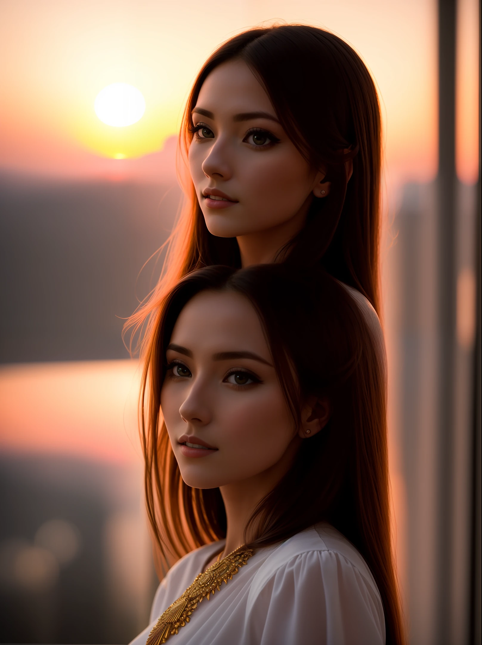 dvArchModern, 85mm, f1.8, portrait, photorealistic, hyperrealistic, prayerful, super detailed, intricate, dramatic, sunset lighting, shadows, high dynamic range with attractive woman