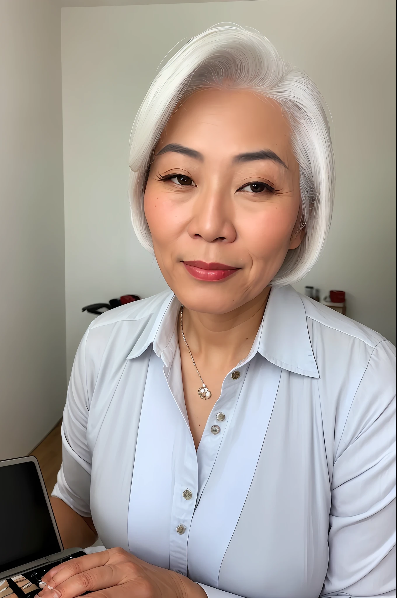 A webcam photo of Asian woman, sks white hair