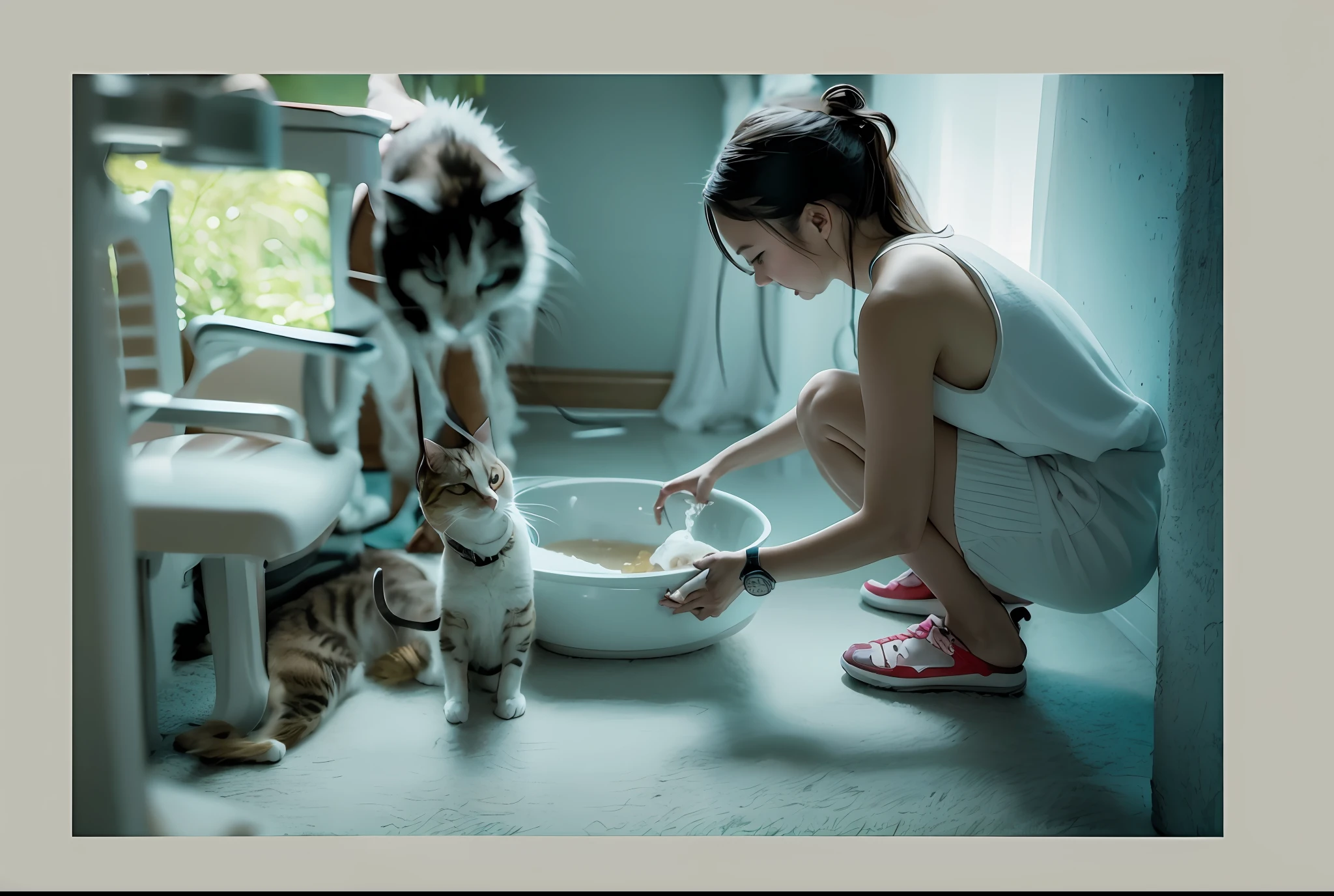 there is a woman kneeling down to feed a cat, [ realistic photo ]!!, petting a cat, woman and cat, there is full bedpan next to him, neko, tiny, illustration!, very clear picture, cat drinking milk, ad image, curious, profile pic, illustration:.4, at home, illustration], clean image, pets, awww
