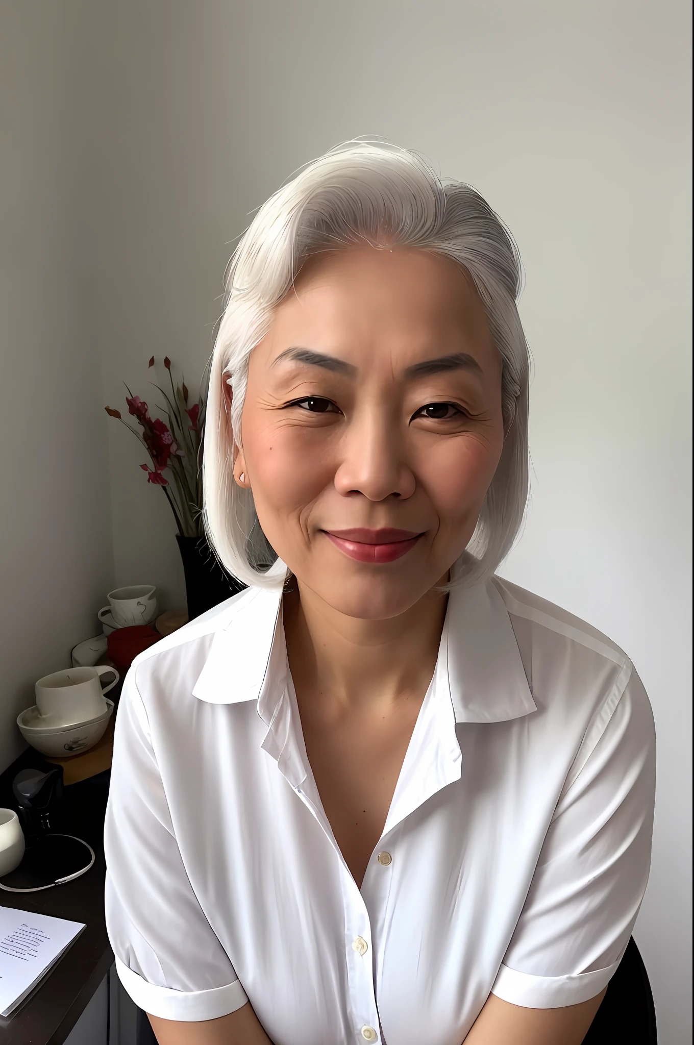 A webcam photo of Asian woman, sks white hair