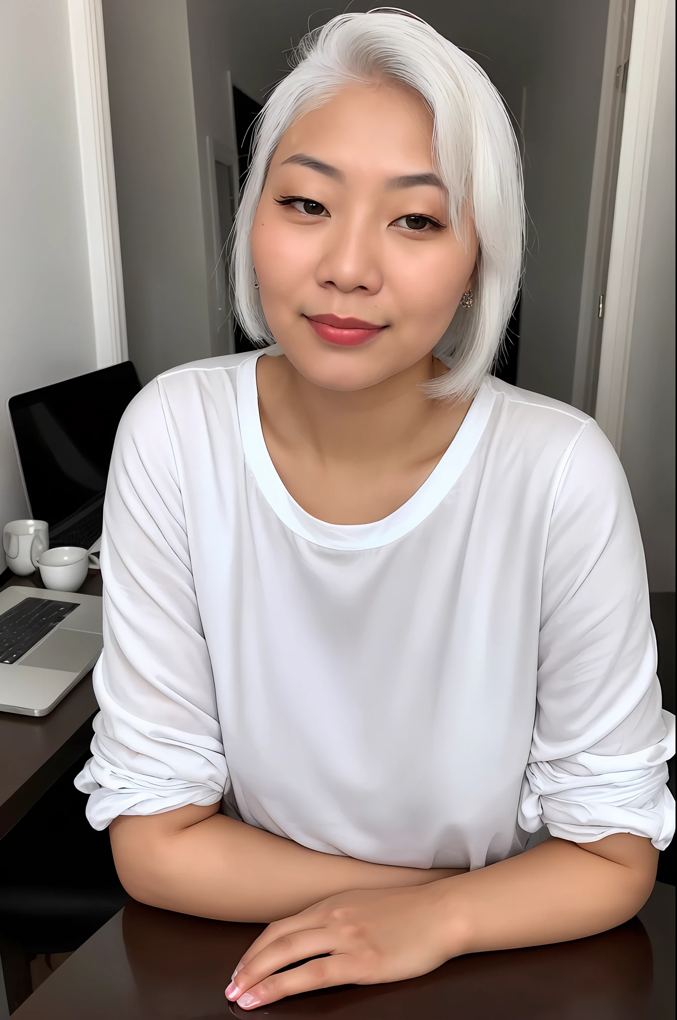 A webcam photo of young asian woman, sks white hair