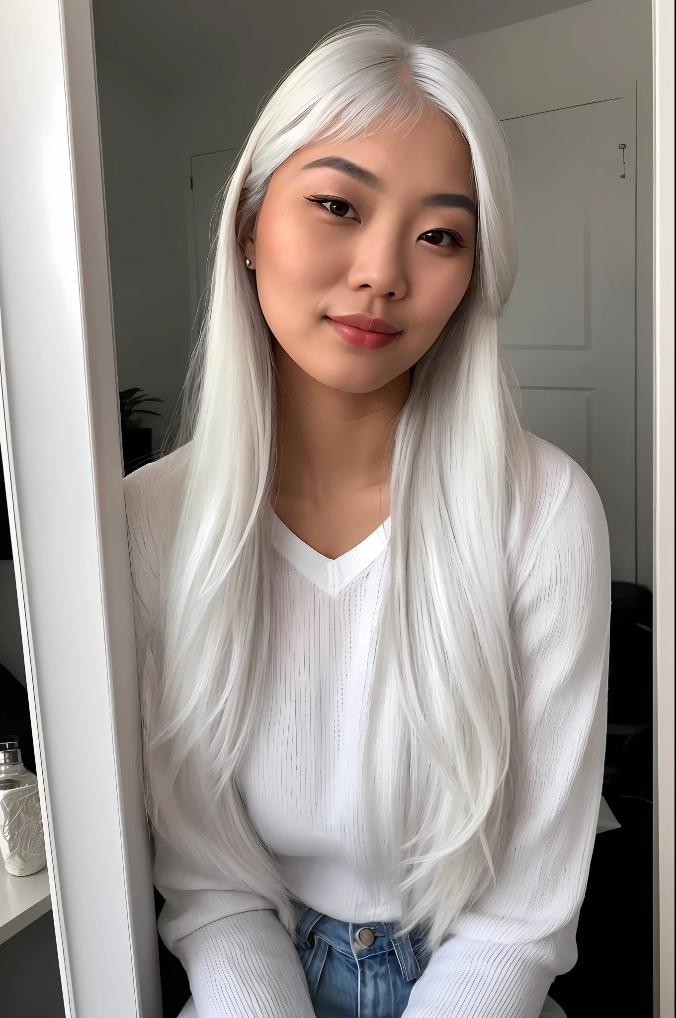 A webcam photo of young asian woman, sks white hair