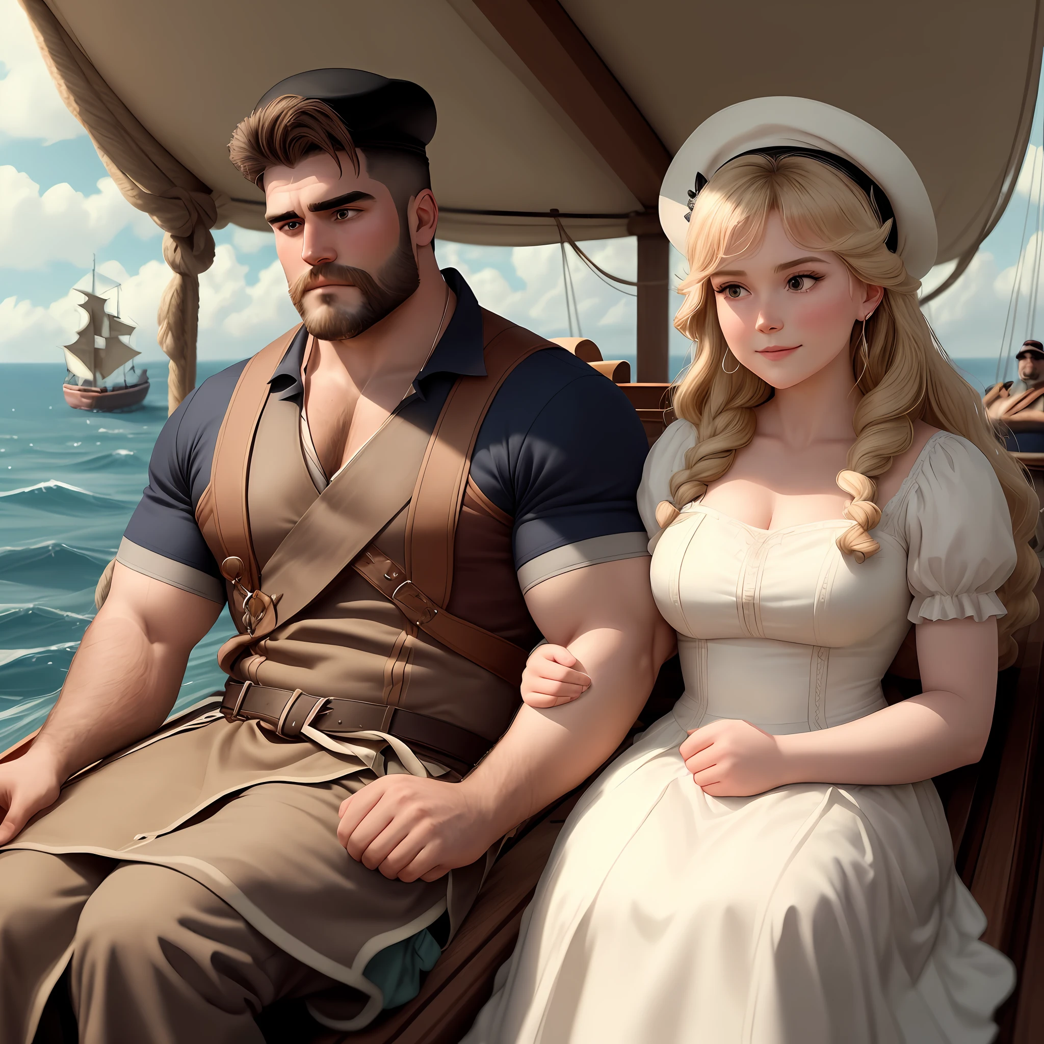 Draw a scene at sea, with a wooden boat gently sailing in the waves. On the boat, we have the sailor Popaye, a muscular man with strong arms, wearing his characteristic sailor's hat and smoking a pipe. Popaye is smiling confidently as she holds Olivia Palito in her arms. Olivia has long, loose hair, flying in the wind, and looks at Popaye with an expression of love and adoration on her face.
Olivia is wearing an elegant dress and holds Popaye by the neck with one delicate hand while her other hand rests gently on his shoulder. Both are positioned near the edge of the boat, highlighting the love and connection between them.
While Popaye and Olivia are immersed in their own romantic world, Brutus, a burly and angry man, watches furiously at the scene from afar. His face shows envy and frustration, and he crosses his arms as he watches the couple walk away on the boat.
This drawing depicts the intensity of the love between Popaye and Olivia, capturing Popaye's strength and Olivia's enchanting beauty, while the jealous Brutus mourns the loss of his beloved.