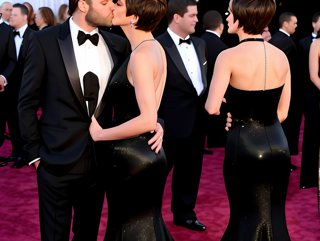 A man with short hair combed to the right side kissing a woman at the Oscars, red carpet, dress in black suit, bright black shoes, she with a long red dress, hair combed back, detailed and smooth skin, event lighting, image taken by a professional camera, 8k, 9:16, hdr, up close,