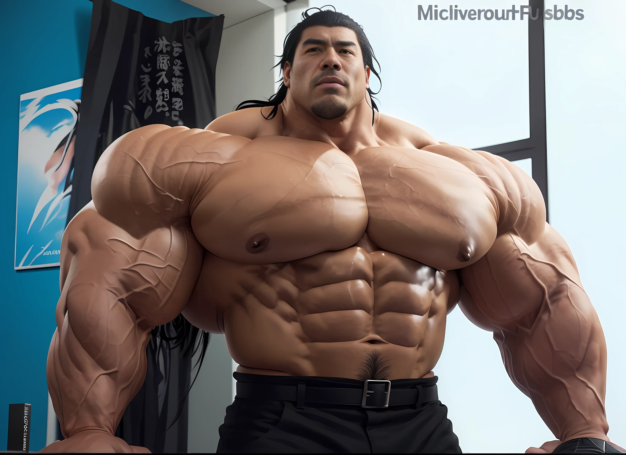 A close up photo of yami sukehiro, muscular, huge muscles, hyper muscles, hyperrealistic, black hair