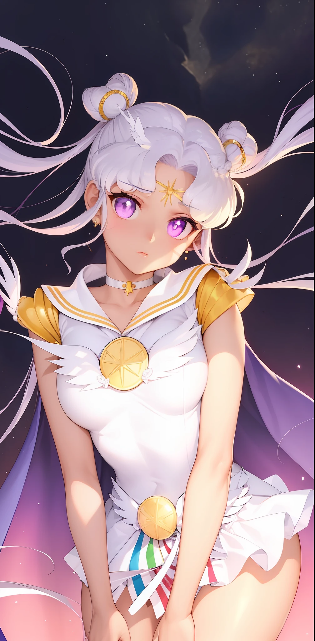 ((from the front, upper body, leaning forward,)) Big breasts: 1.6, masterpiece, superlative, (fine details: 1.2), (scenery: 1.11), solo, facial focus, close-up, super resolution, correct anatomy, fine skin, beauty, maiden 1, cleavage, sailor universe, standing, long hair, skirt, hair accessories, double ponytail, jewelry, purple pupils, white hair, pleated skirt, earrings, choker, sailor collar, bun, cape, double buns, face markings, white skirt, brooch, White sailor collar, hairpins, forehead markings, white collar, sailor warrior uniform,