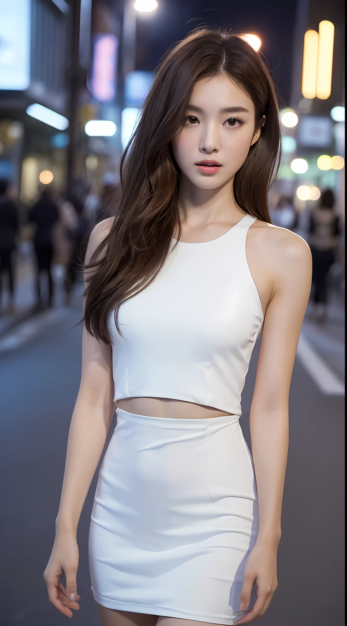 ((Realistic lighting, Best quality, 8K, Masterpiece: 1.3)), Focus: 1.2, 1girl, Perfect Figure: 1.4, Slim Abs: 1.1, ((Dark brown hair)), (White dress: 1.4), (Outdoor, Night: 1.1), City streets, Super fine face, Fine eyes, Double eyelids,