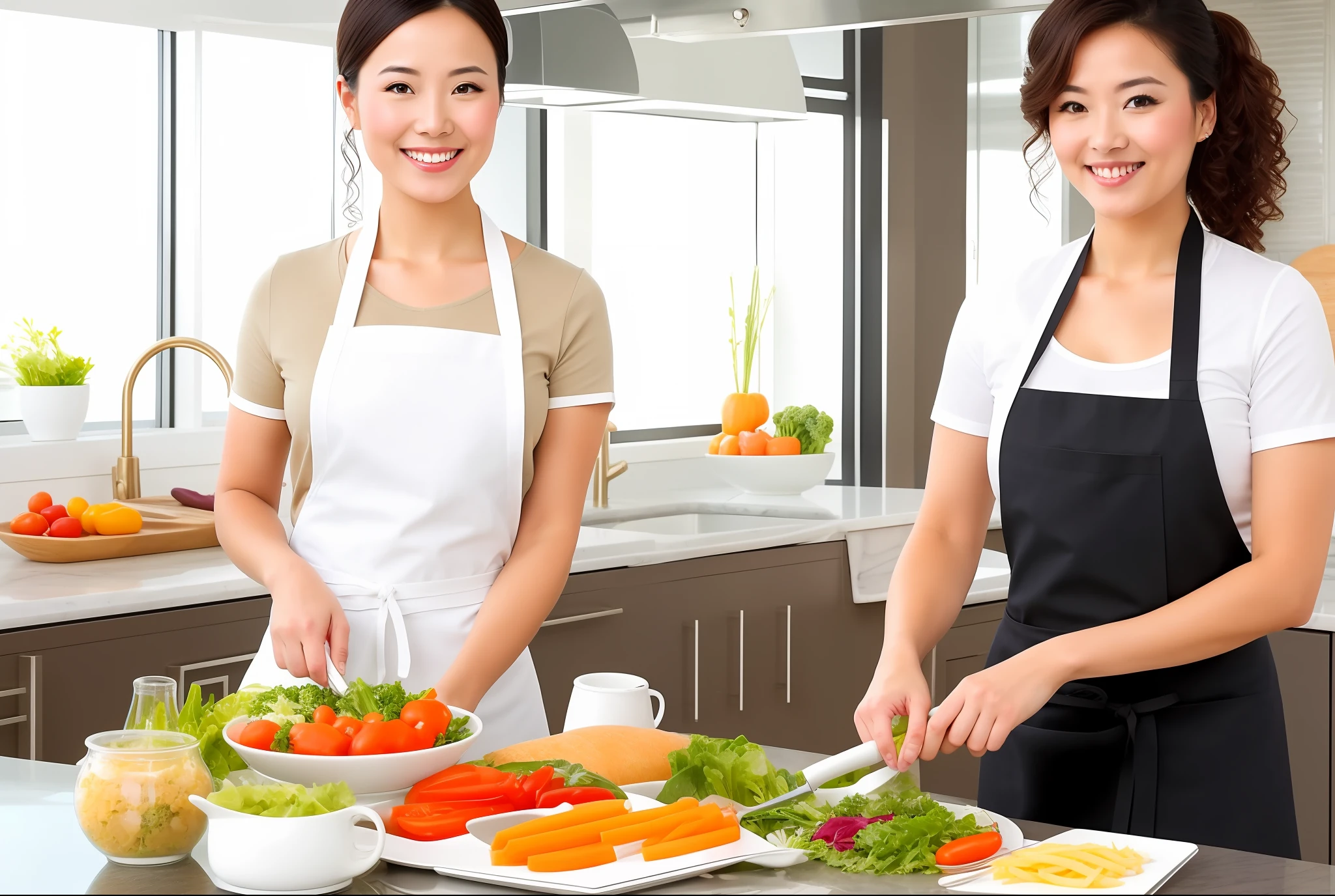 Woman in apron preparing vegetable meals in kitchen, cutting salad, wearing apron, cooking show, cooking, holding kitchen knife, gourmet food, white apron, in the kitchen, using fork, gourmet cooking, food stylist, asian woman, asian woman, in the kitchen, confidently holding vegetables, asian woman