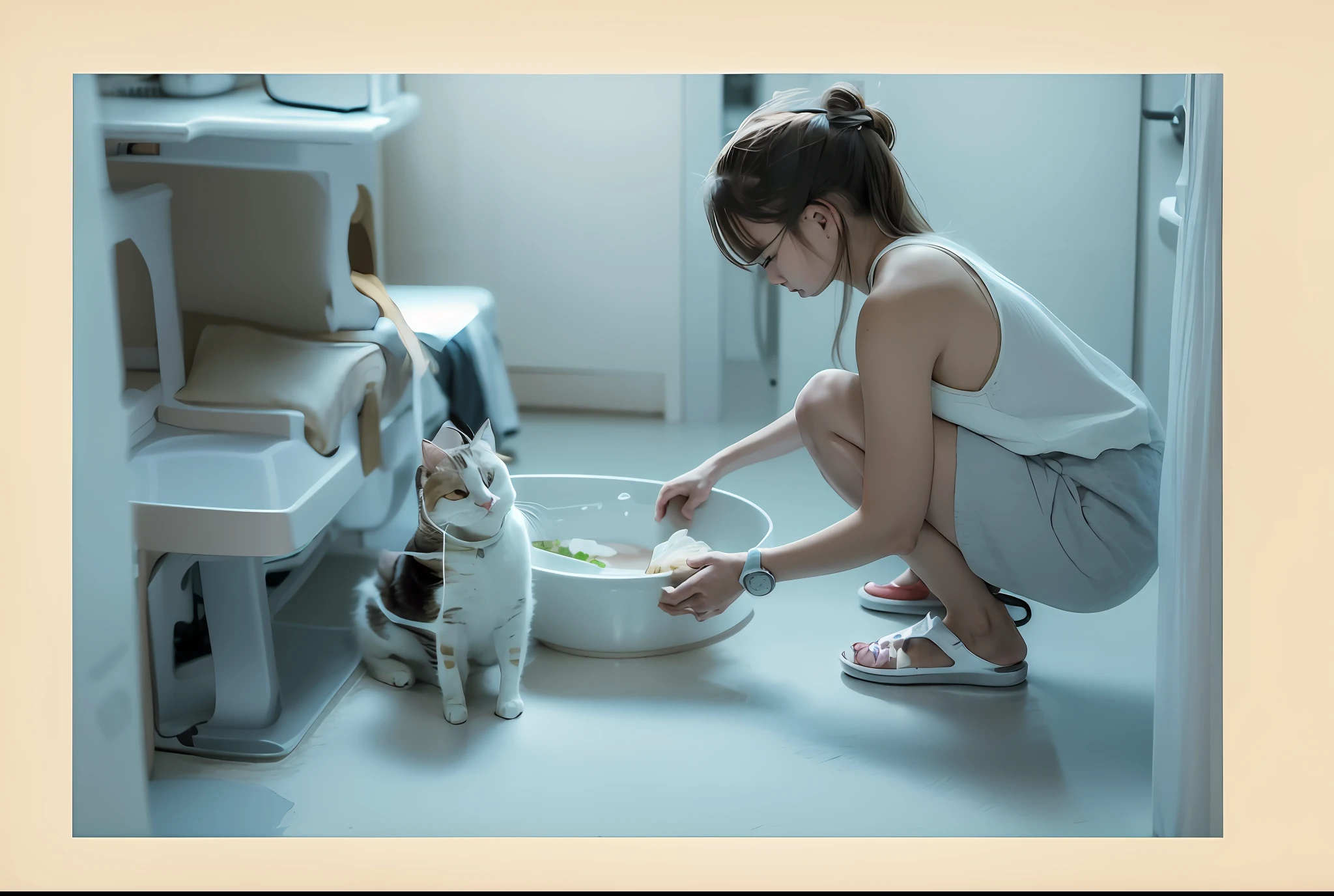 there is a woman kneeling down to feed a cat, [ realistic photo ]!!, petting a cat, woman and cat, there is full bedpan next to him, neko, tiny, illustration!, very clear picture, cat drinking milk, ad image, curious, profile pic, illustration:.4, at home, illustration], clean image, pets, awww