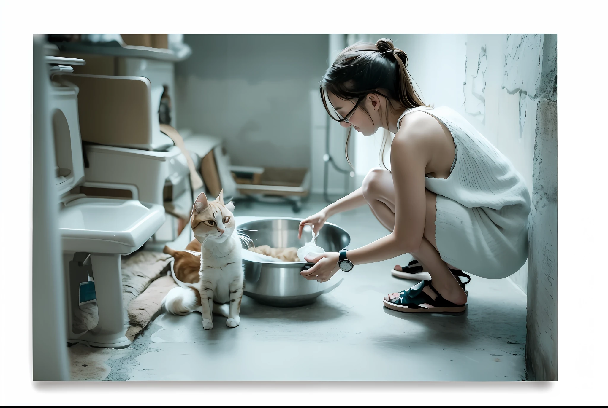 there is a woman kneeling down to feed a cat, [ realistic photo ]!!, petting a cat, woman and cat, there is full bedpan next to him, neko, tiny, illustration!, very clear picture, cat drinking milk, ad image, curious, profile pic, illustration:.4, at home, illustration], clean image, pets, awww