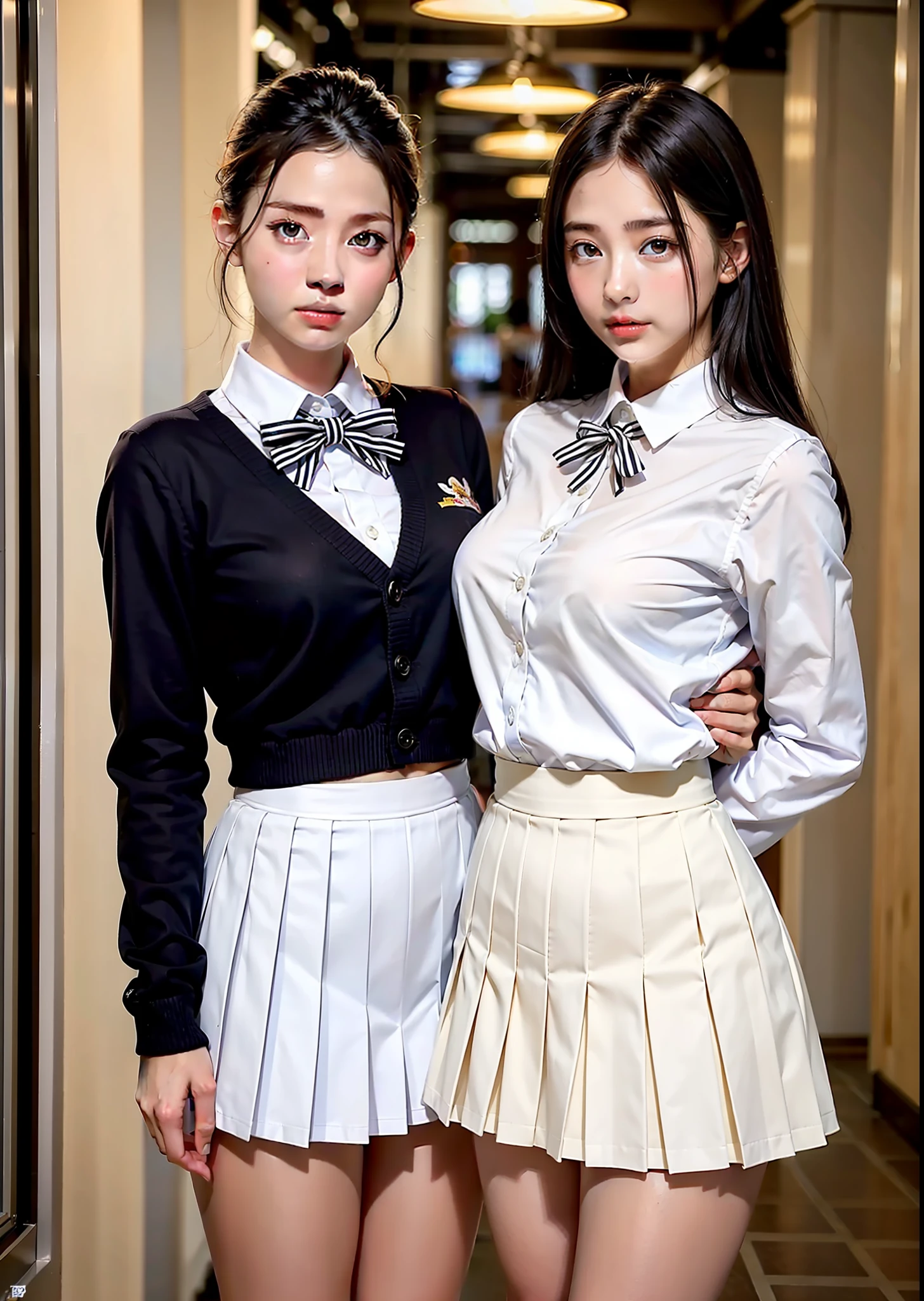 realistic, 2pretty girls in high school halls wearing
school uniform, looking at the viewer, high school girls, (white pleated fabric skirt), black tie, white suit, posing,
light eyes, woman, shiny skin, (skindentation), small breasts
