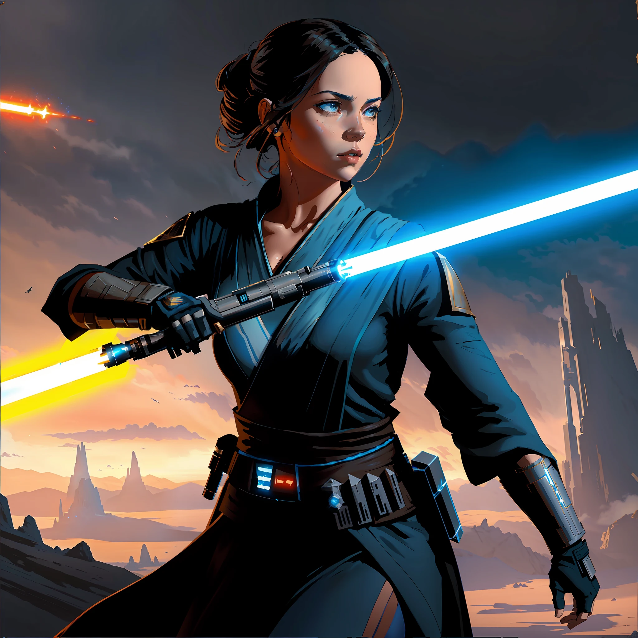 star wars the force awakes in a new poster, female jedi, rey, jaina solo, holding a lightsabre. splash art, star wars character, holding lightsaber 4 k, holding a blue lightsaber, jedi with light saber, jedi, star wars digital art, with lightsaber sword, cal kestis lightsaber wallpaper, jedi knight