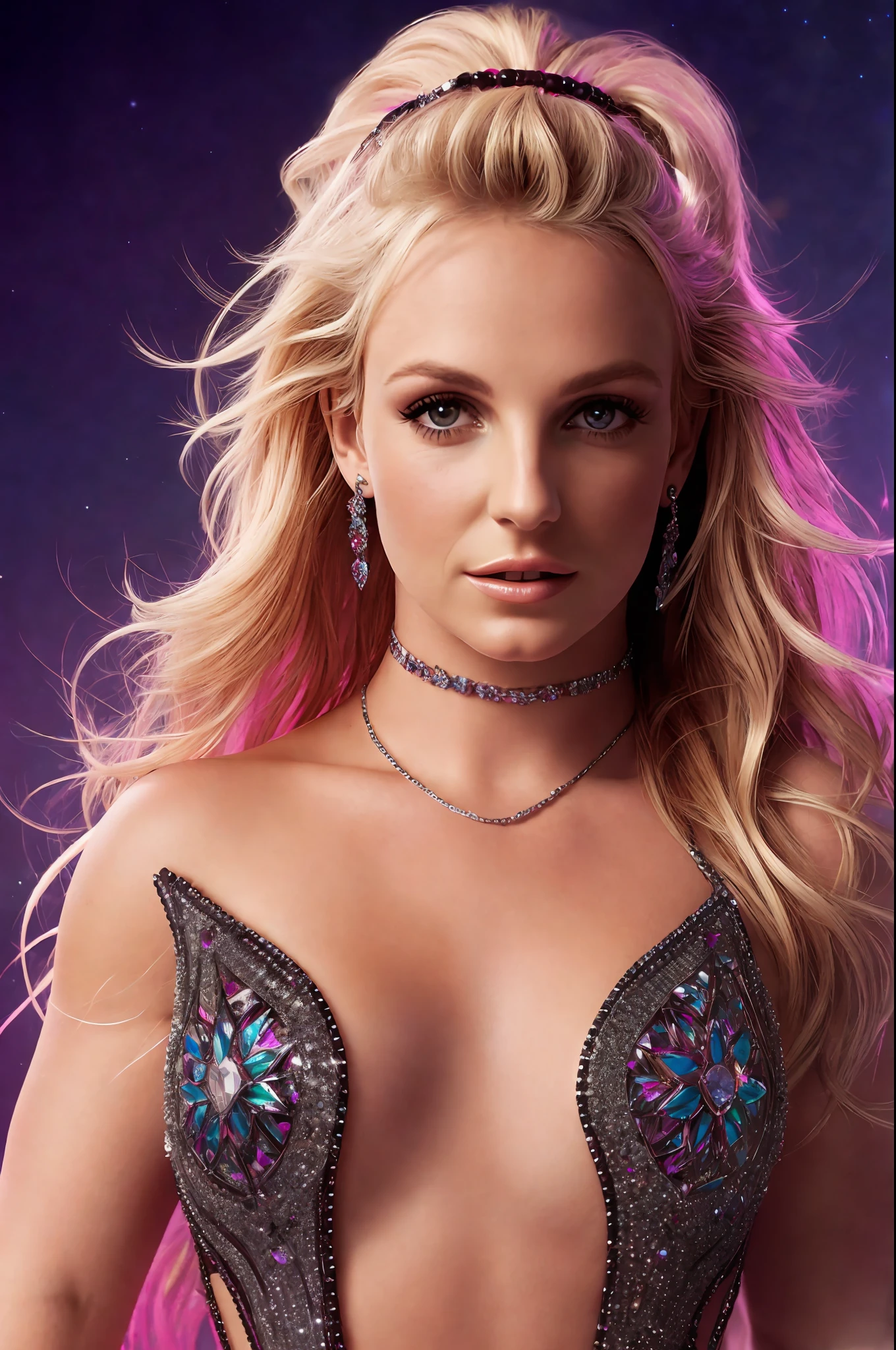 BRITNEY SPEARS photo, 4K texture, high quality, gorgeous hairstyle, original album cover, SHOW outfit with gemstones, 8k image, high image quality, at night