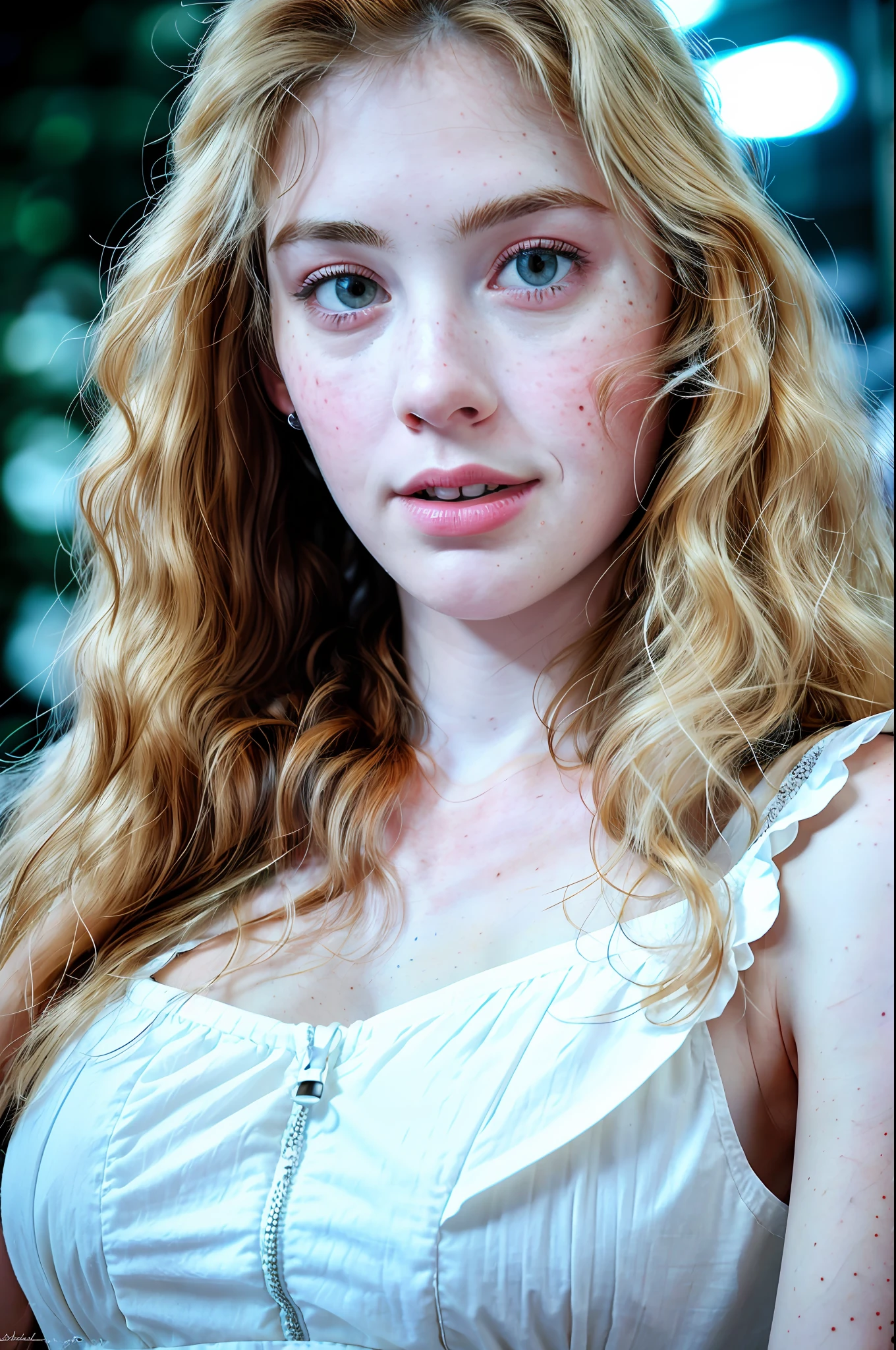 masterpiece, RAW, HD, 8K, simple cotton dress at the crowded function, (candid, amateur), highly detailed face, bokeh, smiling, (close up), freckles