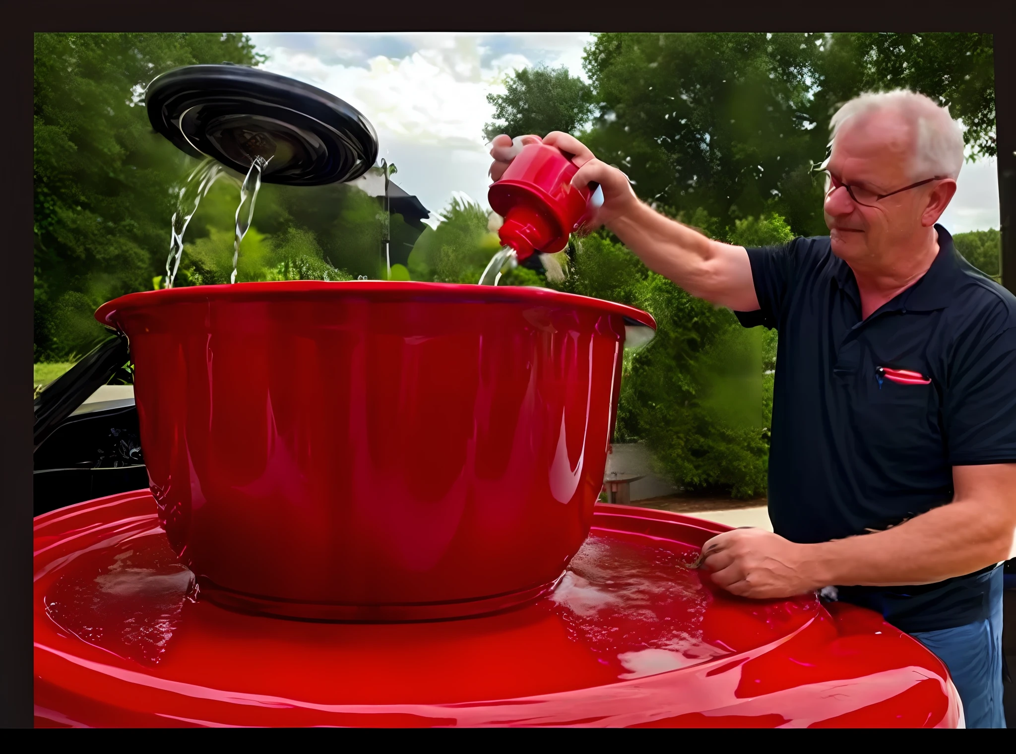 arafed man pouring a gallon of water into a red pot, headlight washer, facebook photo, old charismatic mechanic, wonderful scene, holding a battery, photo shot, by Sam Black, photo taken with provia, by Joe Sorren, wow it is beautiful, by Matt Cavotta, fine art piece, facebook post, contest winning masterpiece
