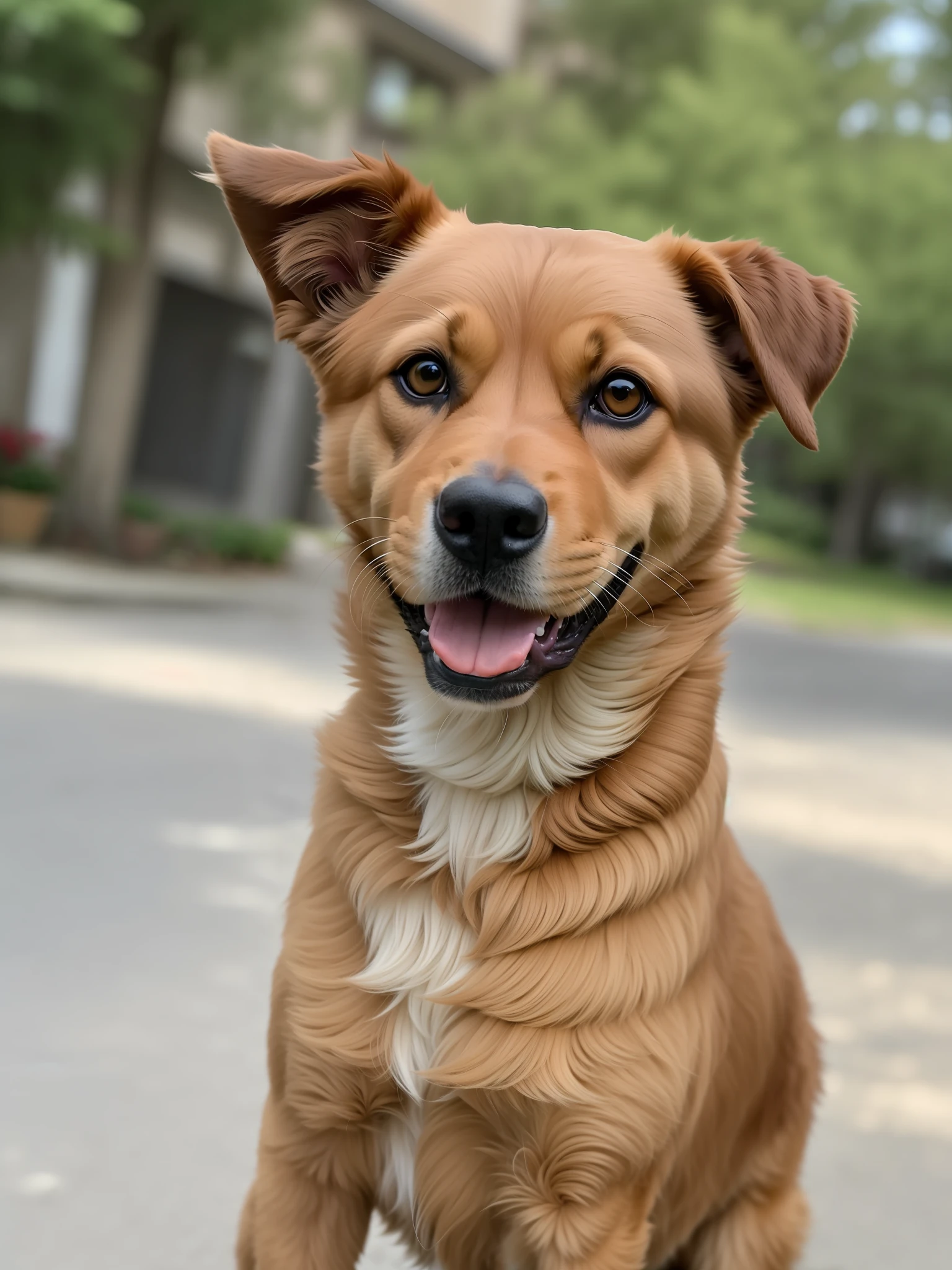 there is a brown dog sitting on the sidewalk with his tongue out, cute furry needs your help, adoptable, a handsome, handsome girl, beautiful picture of stray, very handsome, extremely handsome, sha xi, by Ivan Ranger, by Emma Andijewska, handsome, good face, happily smiling at the camera, 2 years old, handsome face, frontal pose