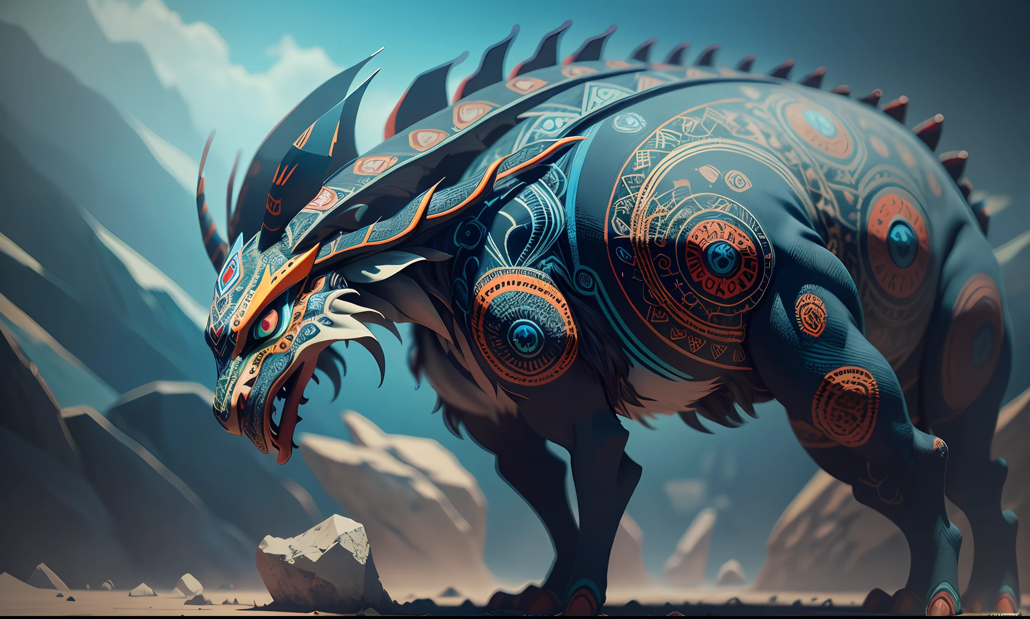 raw photo, an awe-inspiring czech tribal monster with three eyes and an  brain, intricate tribal markings covering its body, vibrant colors and intricate details bring it to life, masterpiece, epic octane rendering