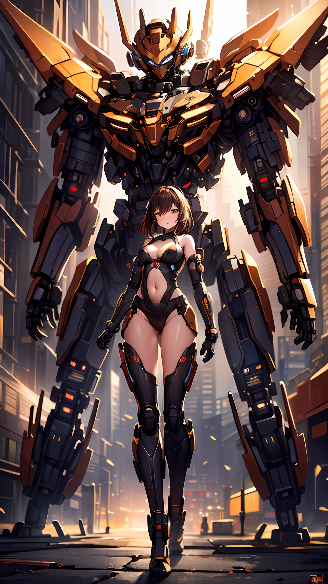 ((masterpiece, best quality)),illustration,ultra detailed 8k,photorealistic,sharp focus,highly detailed,professional lighting,colorful details,iridescent colors BREAK extreme long shot of a factory,large mechanical robot construction,microchip,computer,glowing,intricate details,shitu-mecha,1girl is standing in front of the audience,Navel